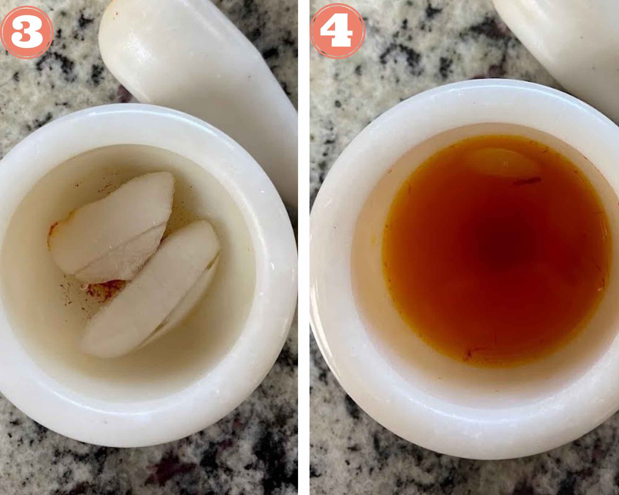 Steps to extract flavor and color from saffron using a mortar pestle.