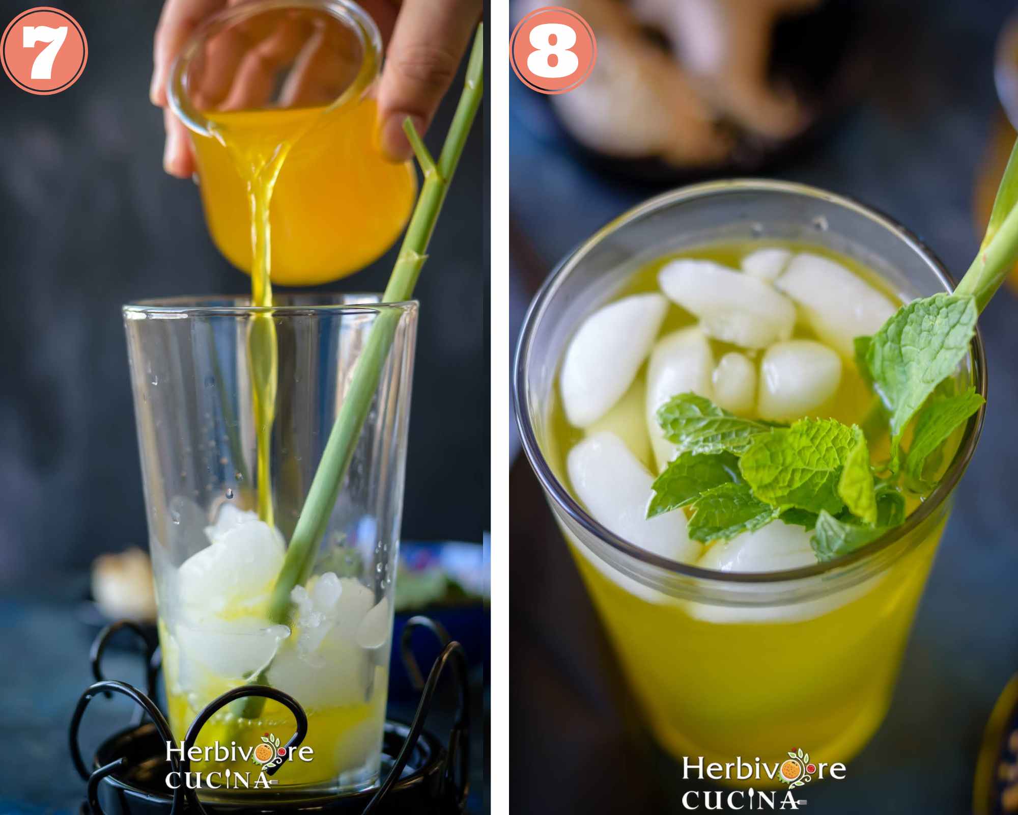 making the lemongrass ginger cooler and serving it with ice and mint leaves.