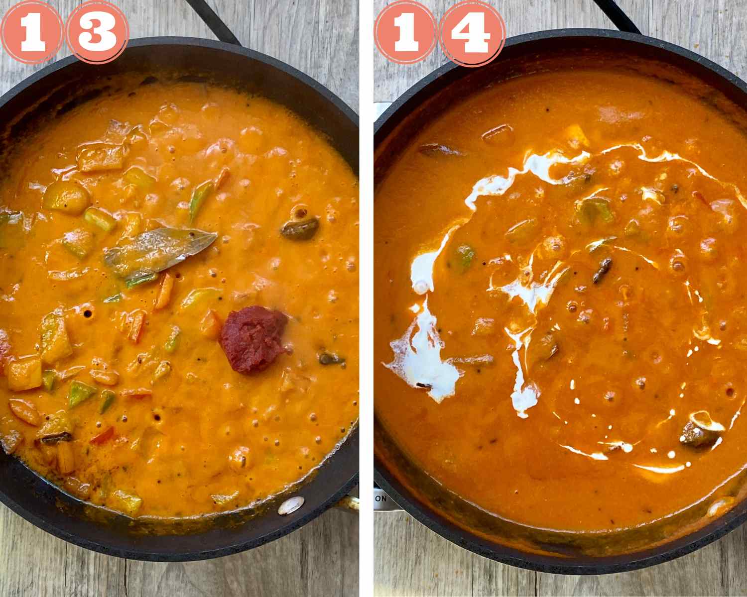 Collage steps to make Akbari Paneer; add the tomato mix and paste; cook well. 