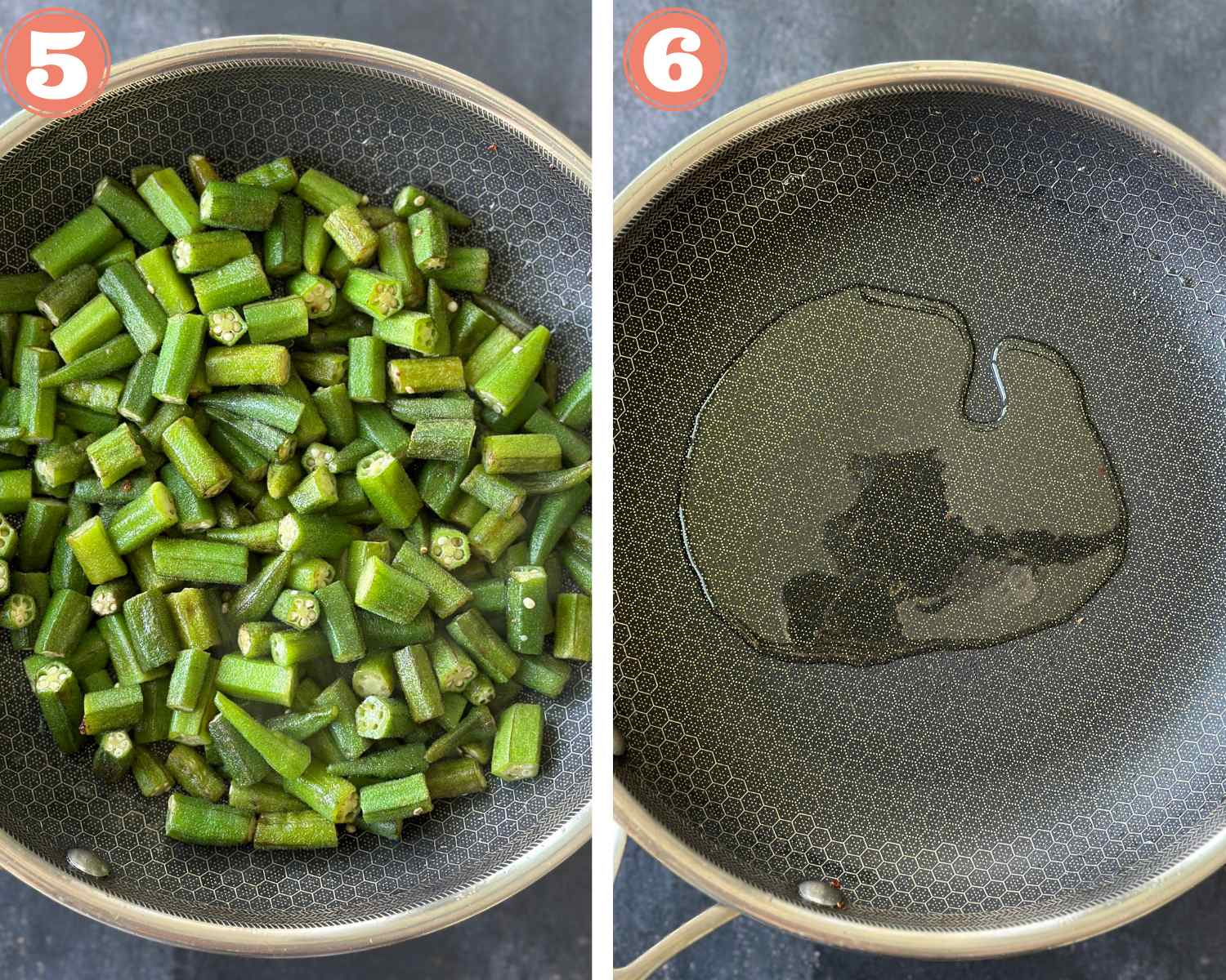 Collage steps to make bhindi masala; cook okra, remove and heat oil in the same pan. 