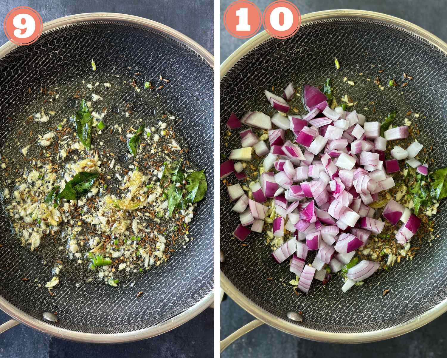 Collage steps to make bhindi masala; sauté aromatic and add onions. 