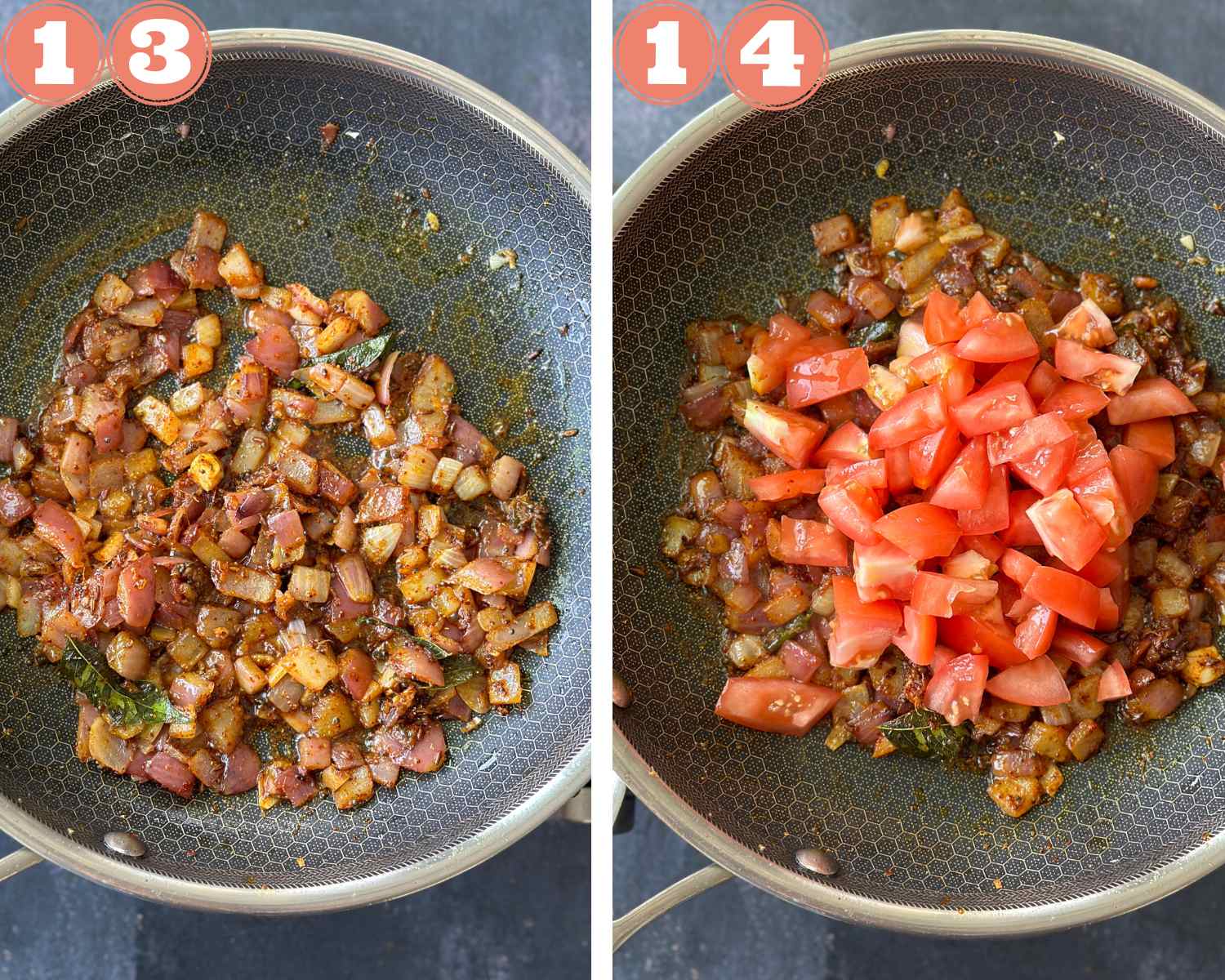 Collage steps to make bhindi masala; add tomatoes and cook them well. 