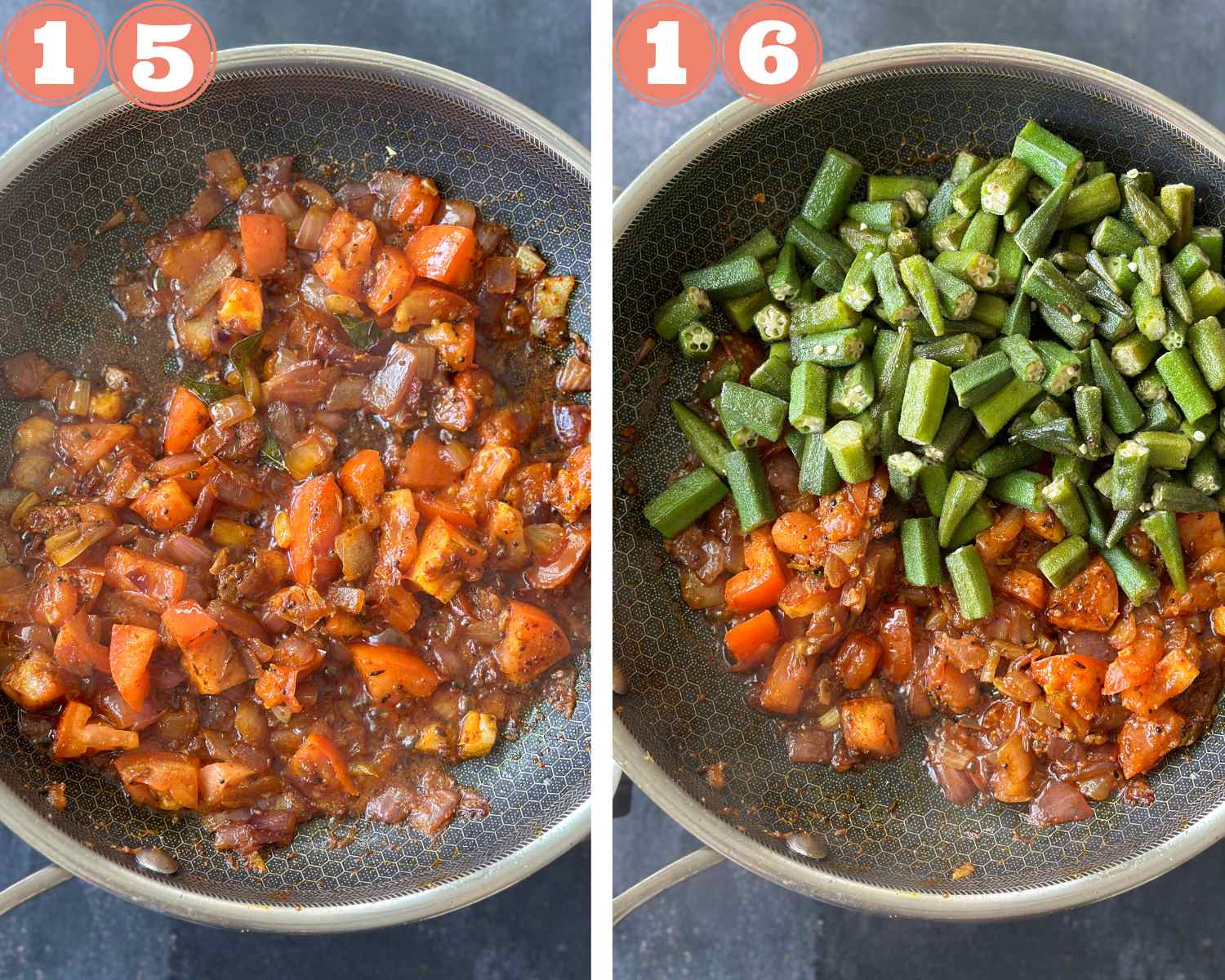 Collage steps to make bhindi masala; cook everything and add okra. 
