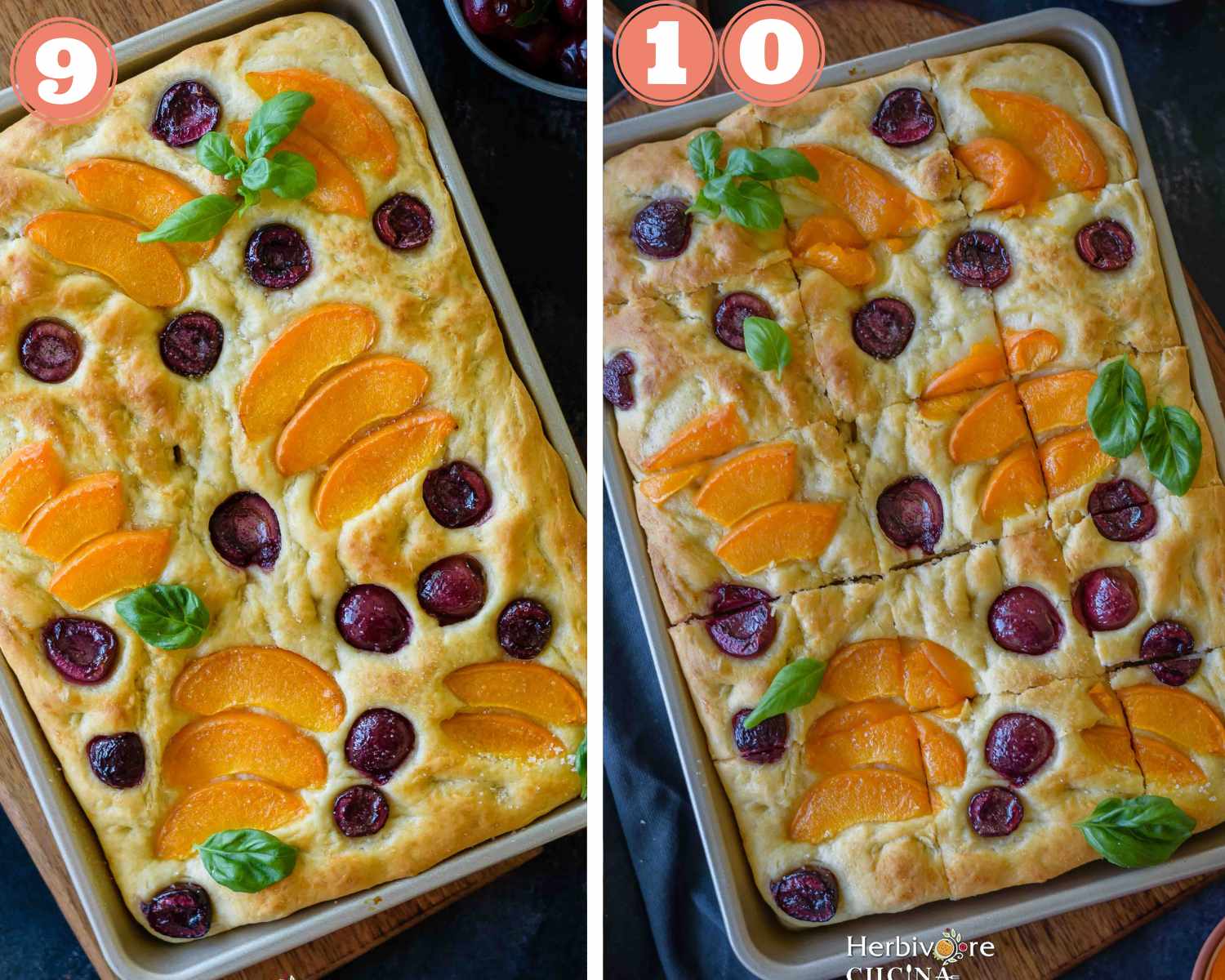 Collage steps to make Cherry Apricot Focaccia; bake and cut into pieces before serving. 