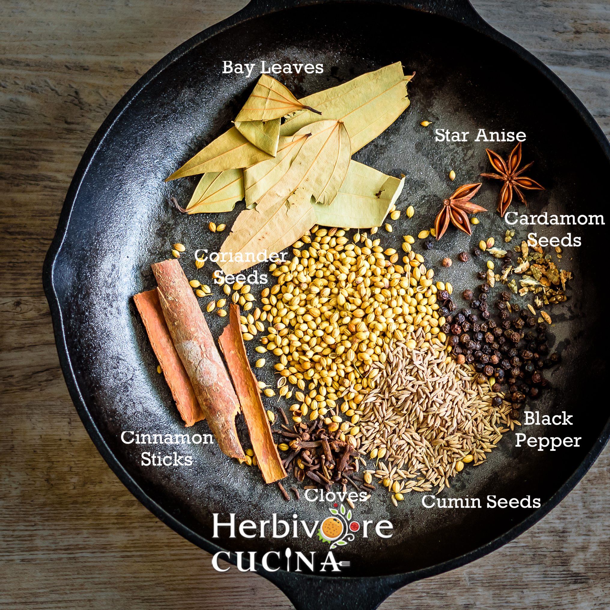 Ingredients to make Garam Masala; whole spices in a black pan. 