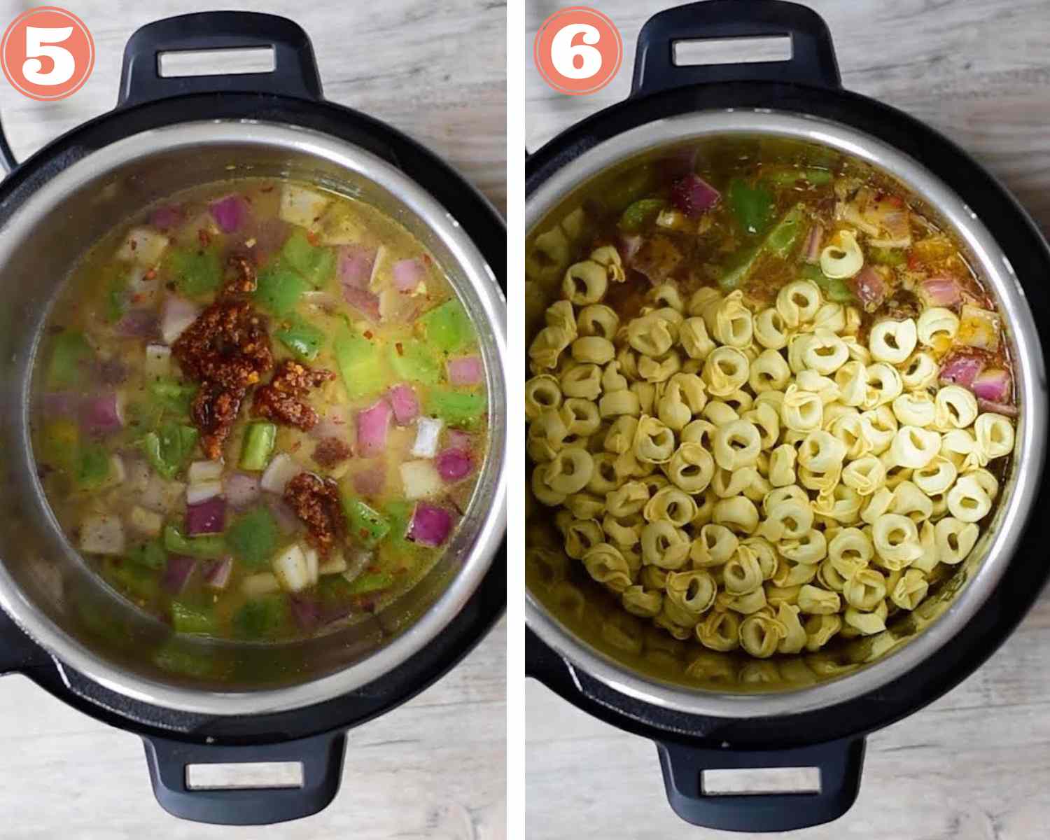 Collage steps to make Instant Pot Tortellini; add sun-dried tomatoes and tortellini. 