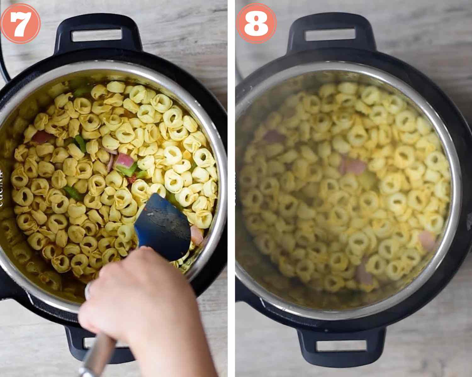 Collage steps to make Instant Pot Tortellini; cook and open the instant pot. 