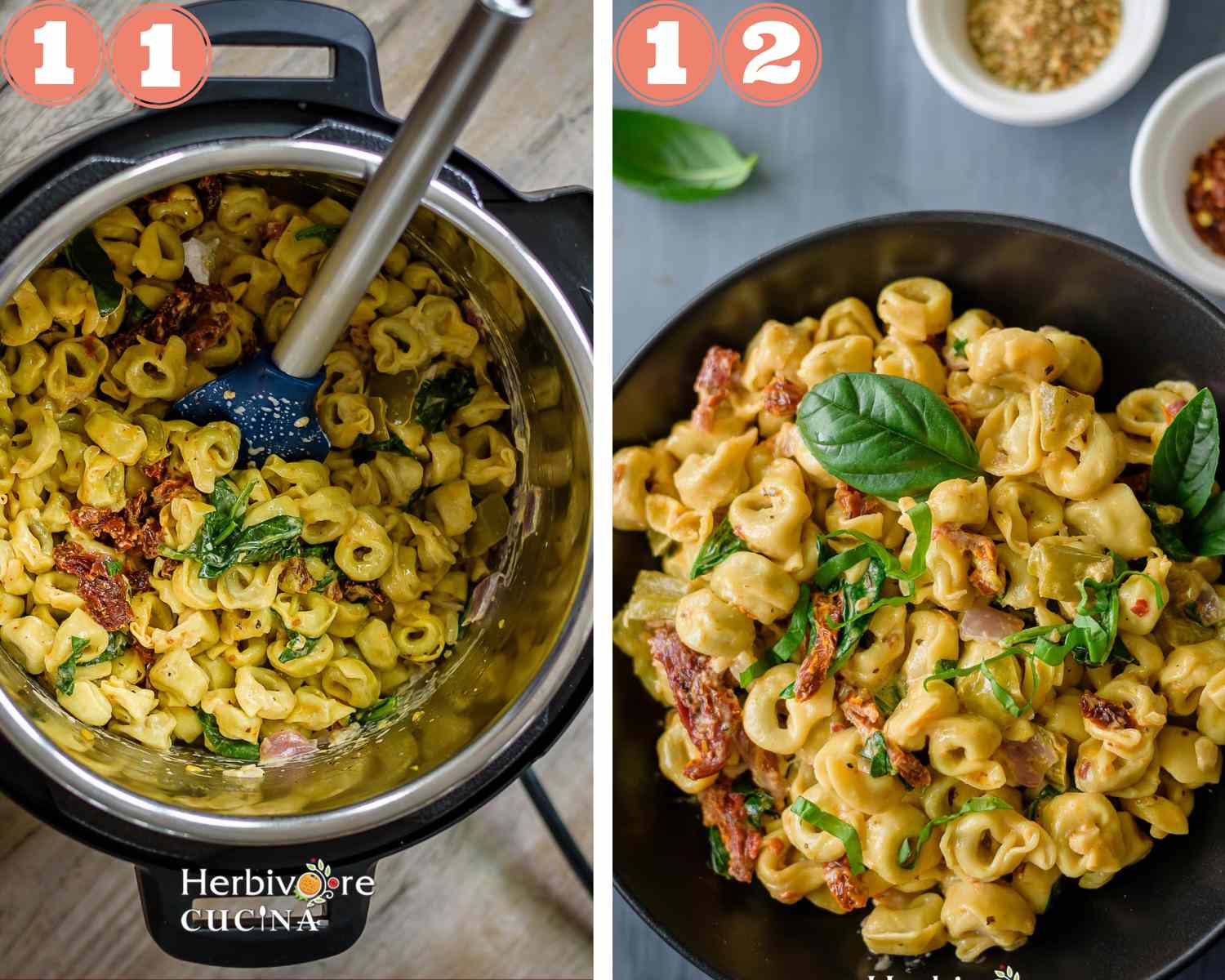 Collage steps to make Instant Pot Tortellini; serve the pasta with fresh basil. 