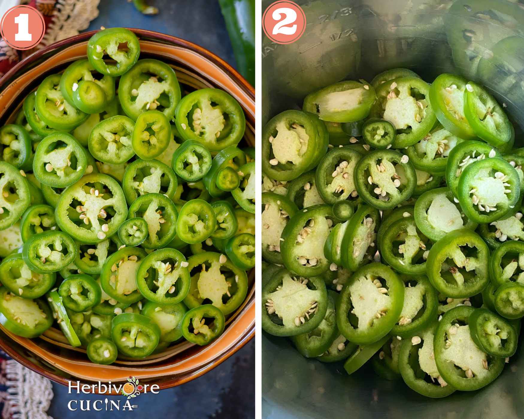 Collage steps to make Pickled Jalapeños in Instant pot; slice the peppers and add to instant pot. 
