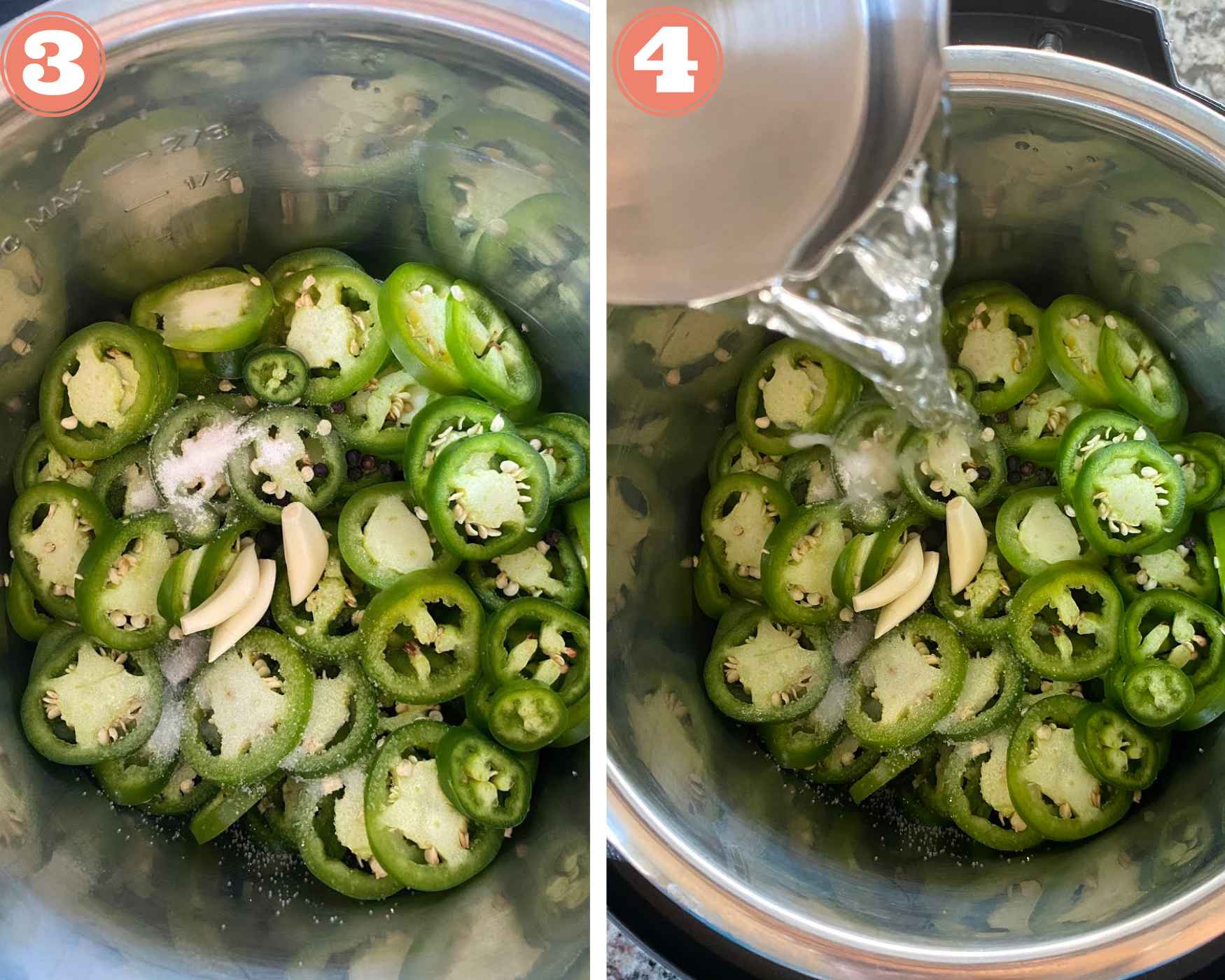 Collage steps to make Pickled Jalapeños in Instant pot; add the seasonings and vinegar. 