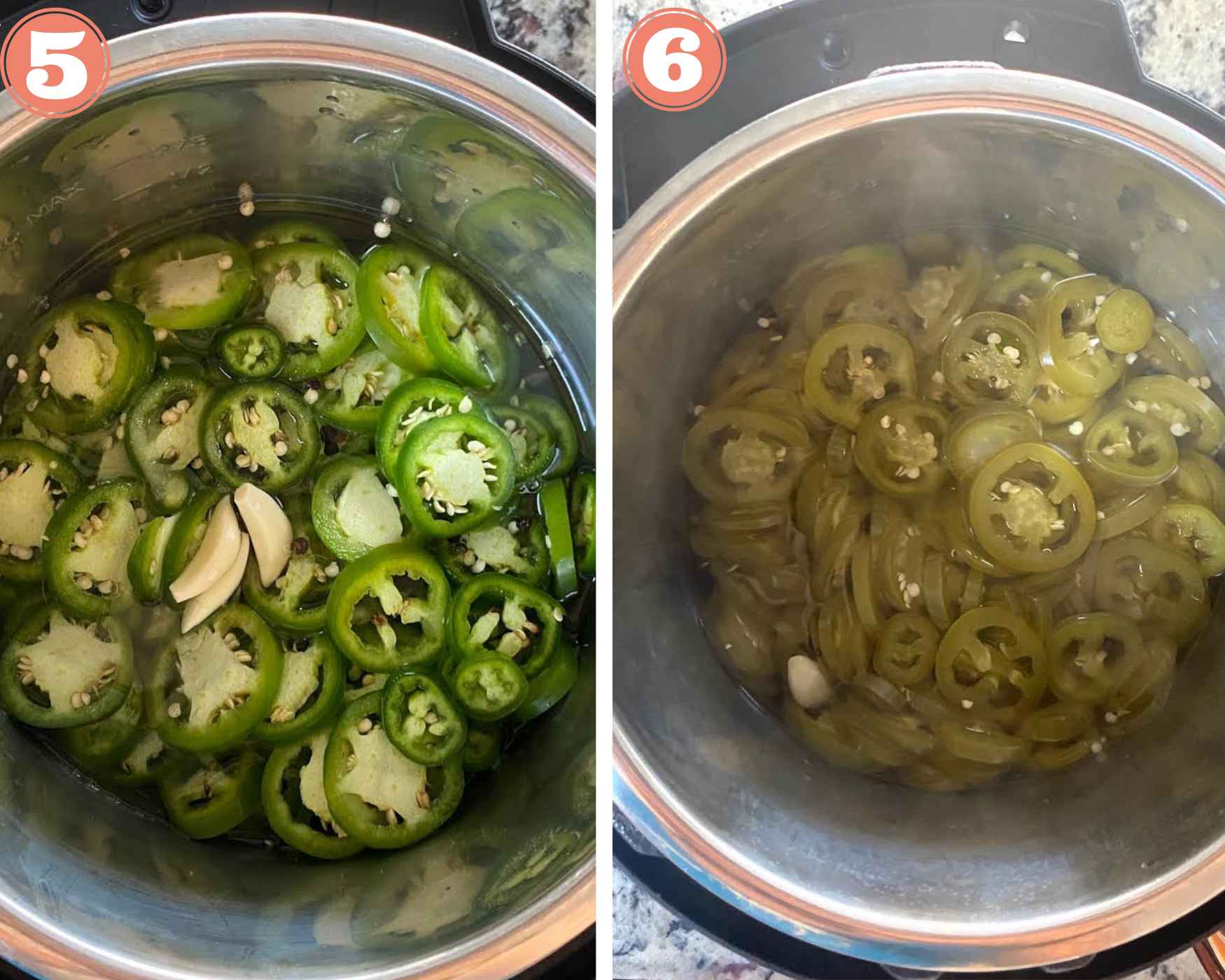 Collage steps to make Pickled Jalapeños in Instant pot; cooking under pressure and opening the instant pot. 