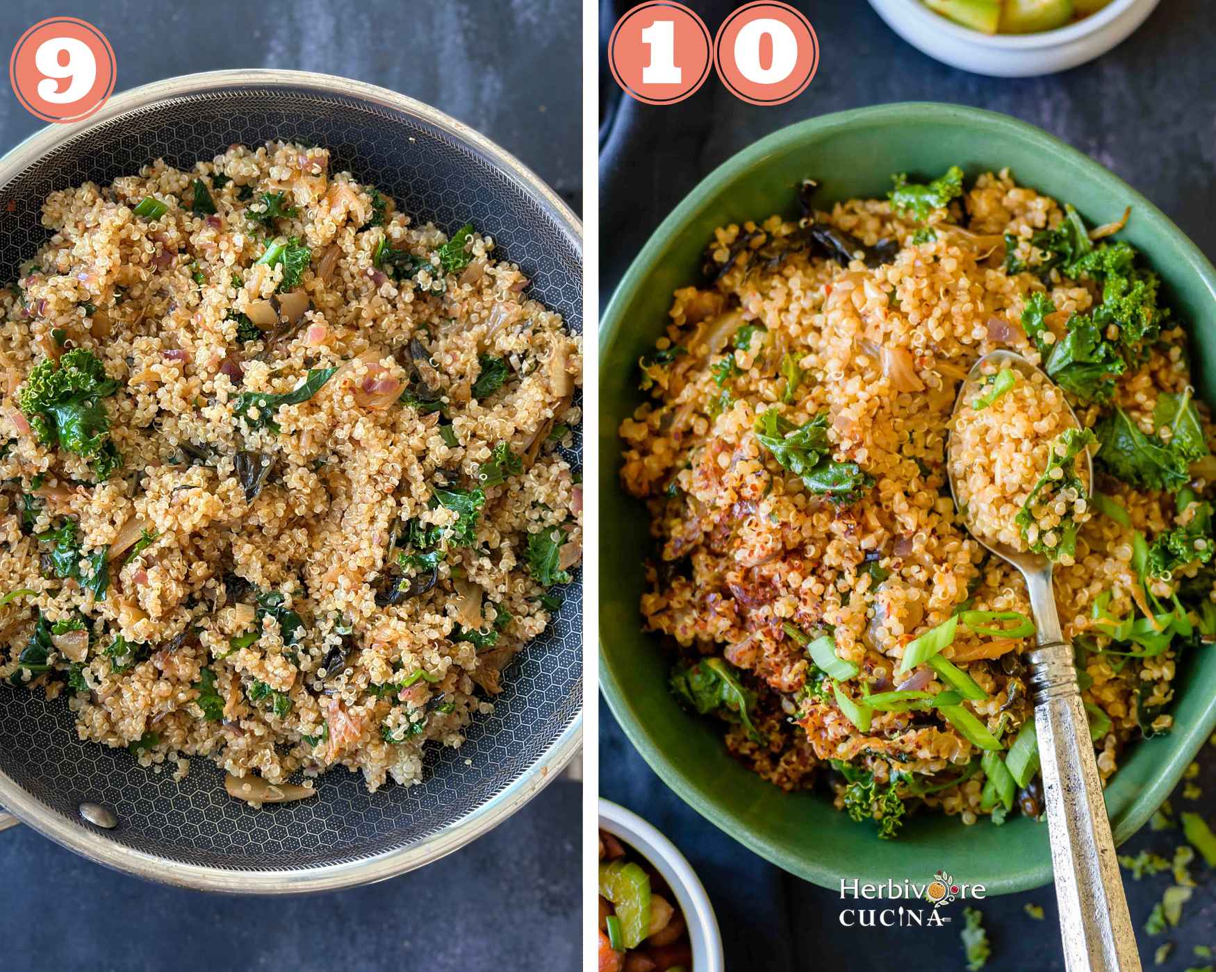 Collage steps to make Kimchi Fried Quinoa; mix everything well and serve. 