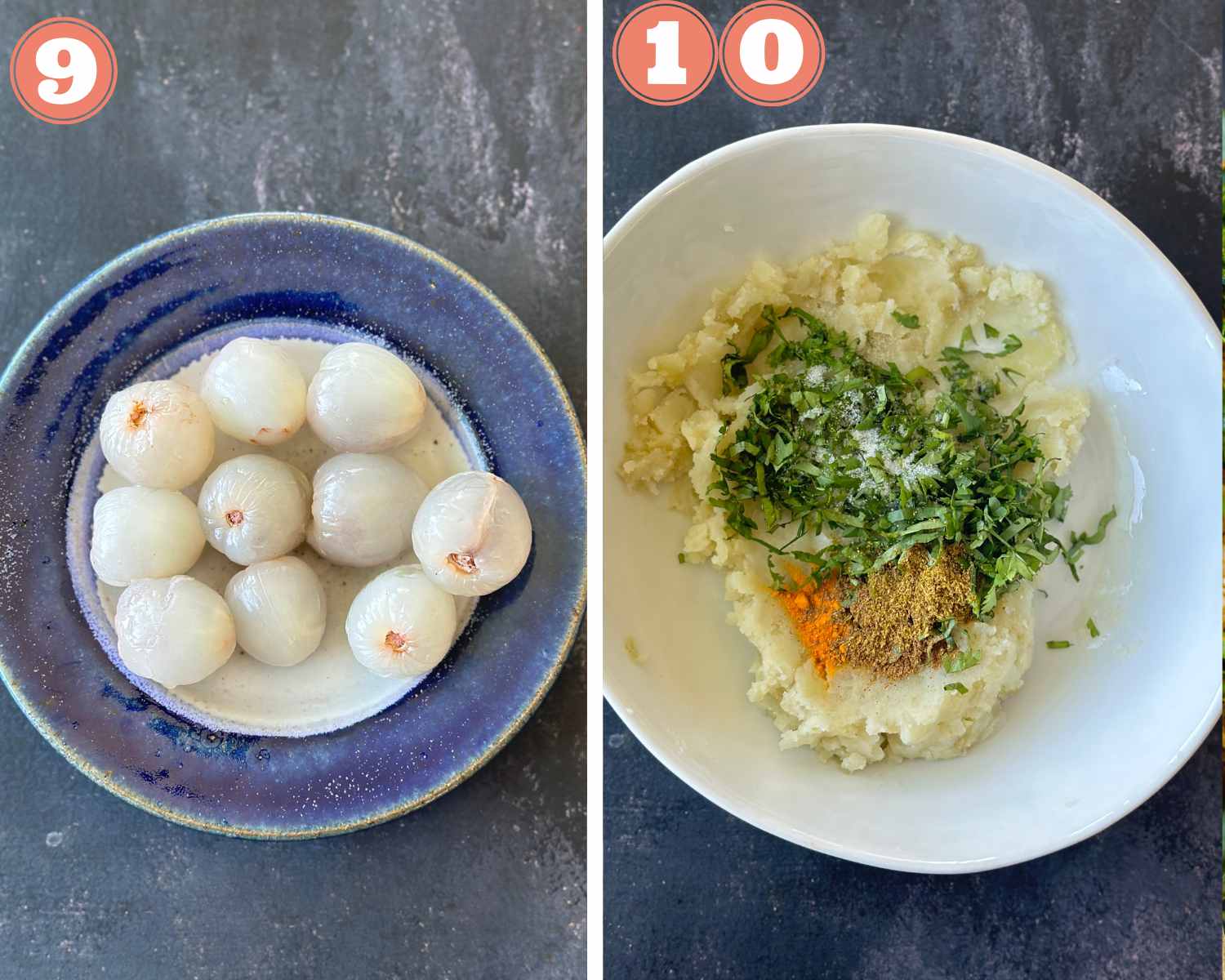 Collage steps to make Litchi Kofta; make slits and remove litchi seeds, prepare potato filling in a bowl. 