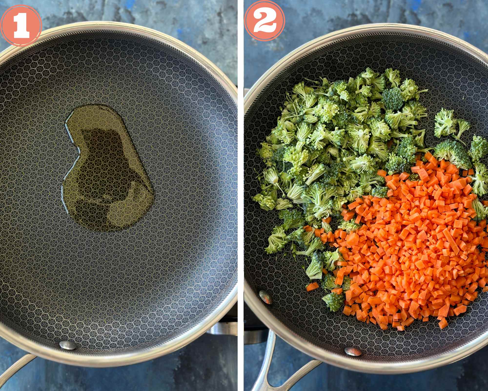 Collage steps to make pan-fried dumplings; sauté vegetables in hot sesame oil. 