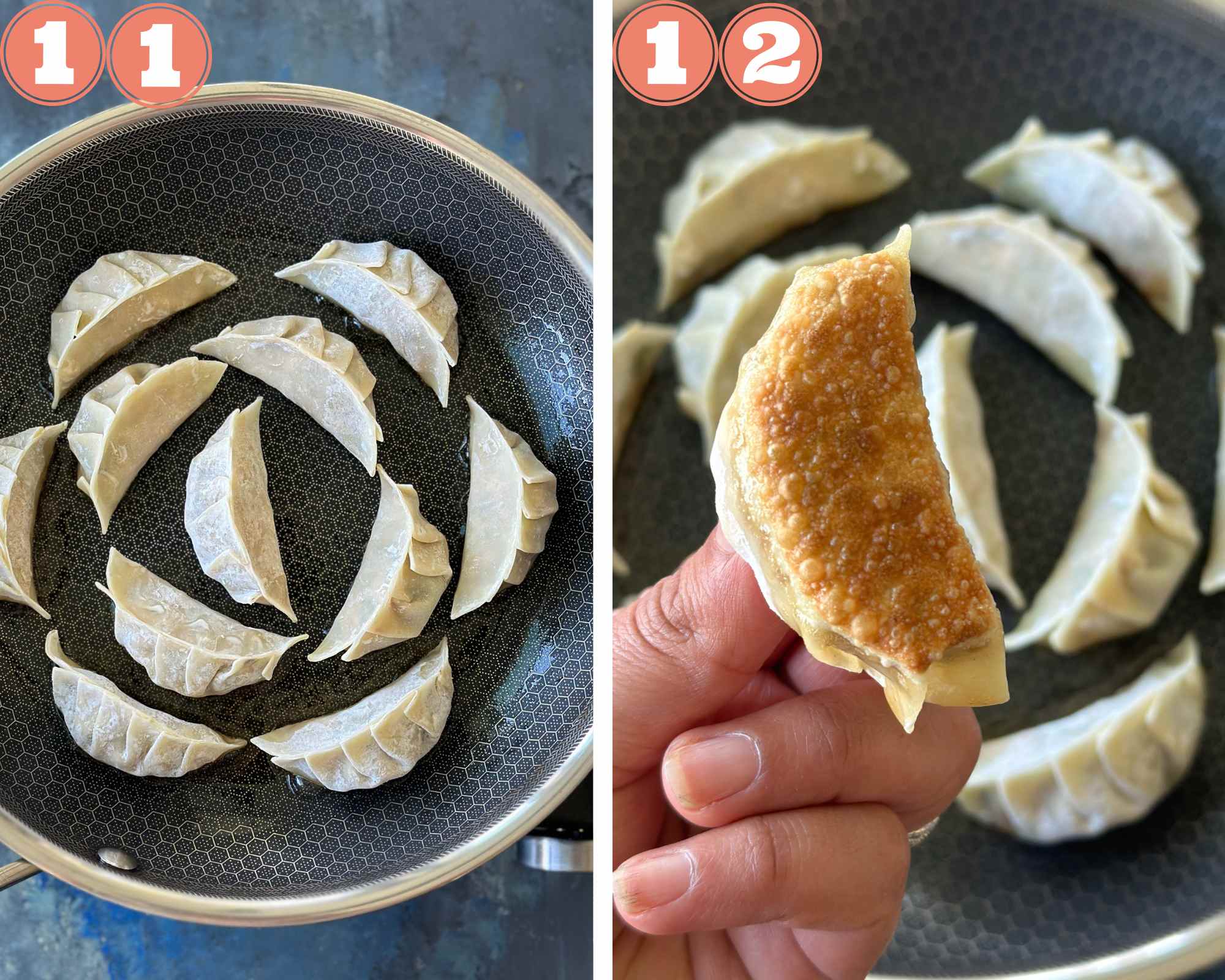 Collage steps to make pan-fried dumplings; arrange in a pan and crisp the bottoms. 