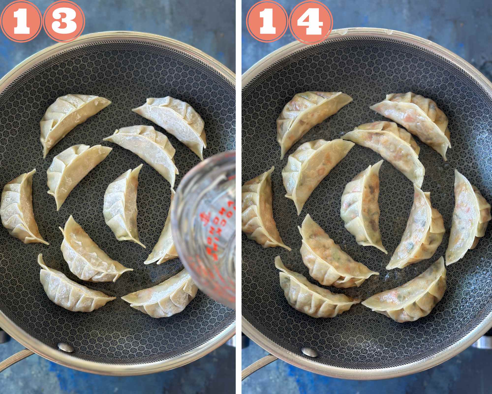 Collage steps to make pan-fried dumplings; add water and cook through. 