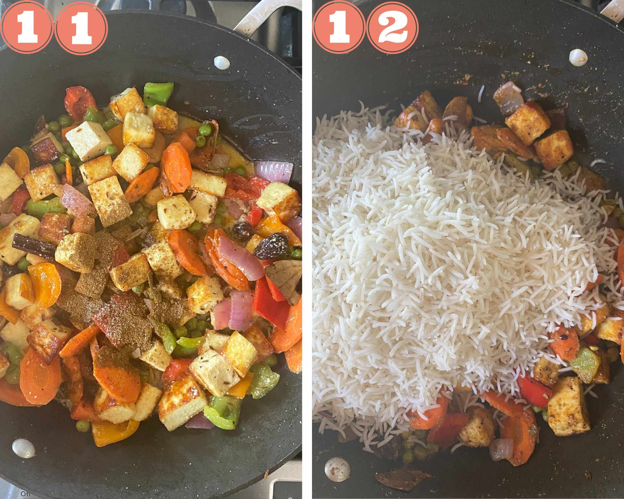 Collage steps to make Paneer Vegetable Biryani; add masalas and rice back to the pan. 