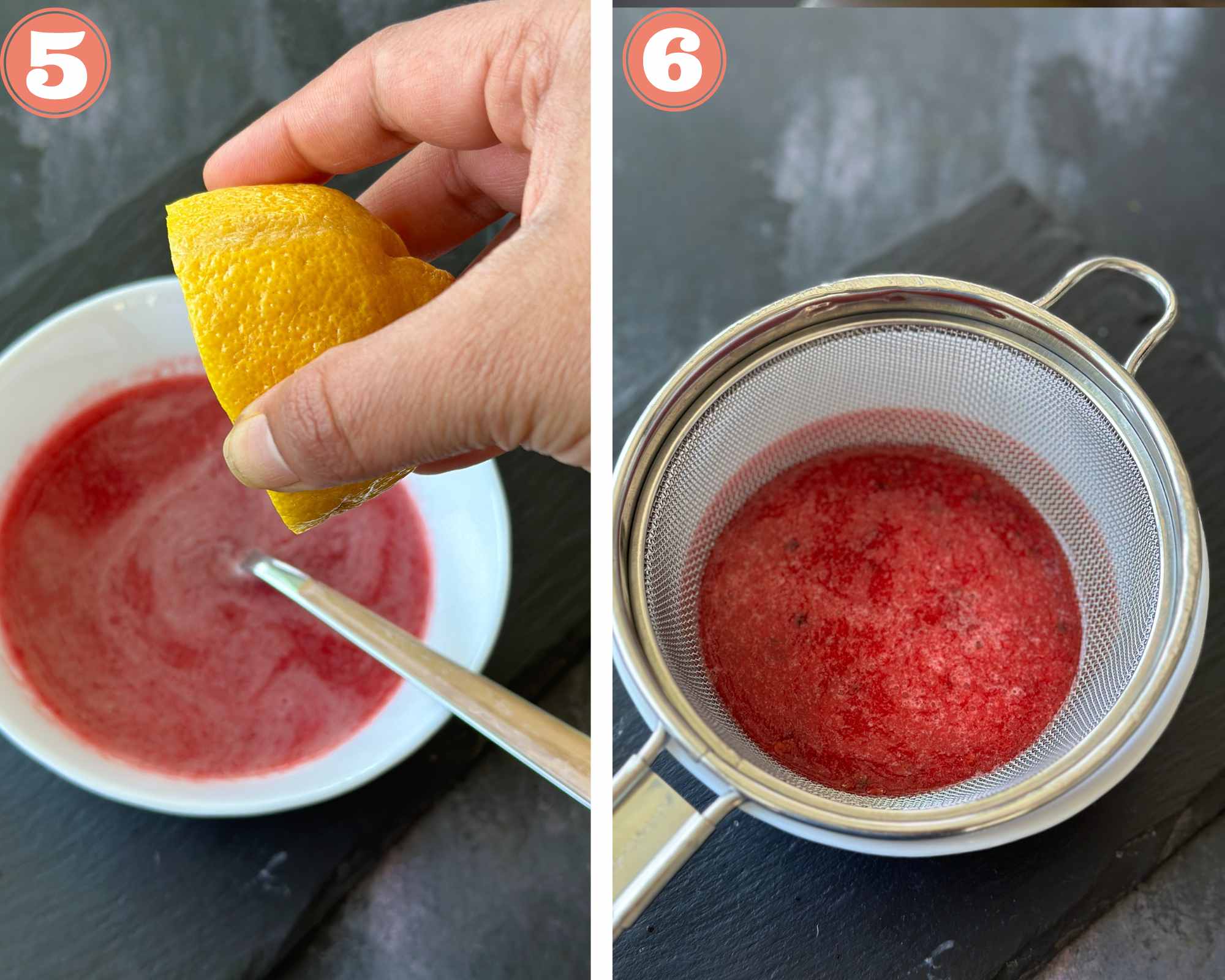 Collage steps to make Prickly Pear Lemonade; adding lemon juice and passing through a fine mesh strainer.