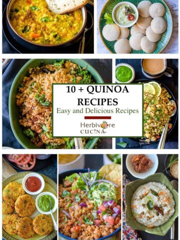 A collage with Quinoa recipes to try; appetizers, mains and sides with text overlay of the title.