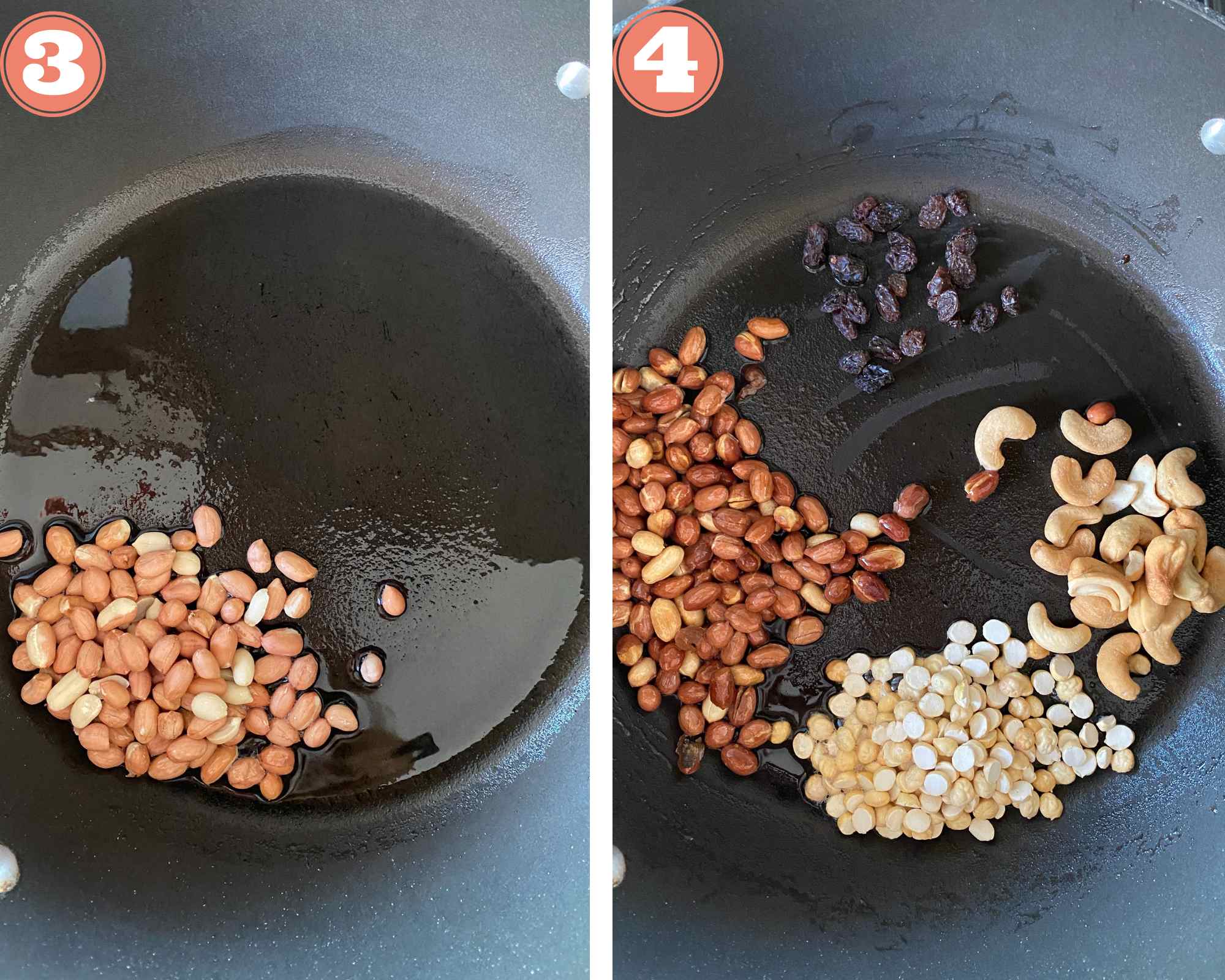 Collage steps to make poha chivda; roasting peanuts and other add-ins in oil.