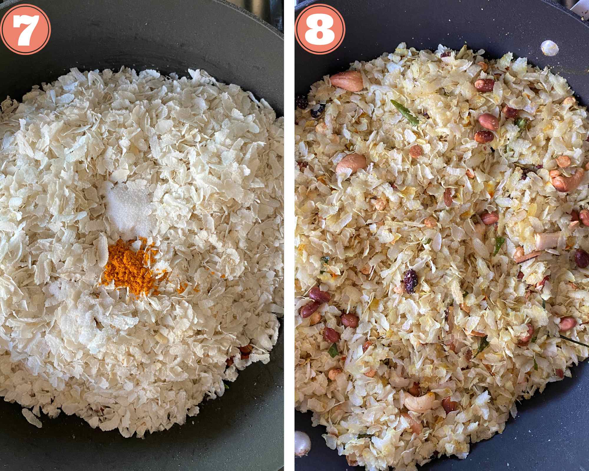 Collage steps to make poha chivda; seasoning, mixing and setting the chivda to store.