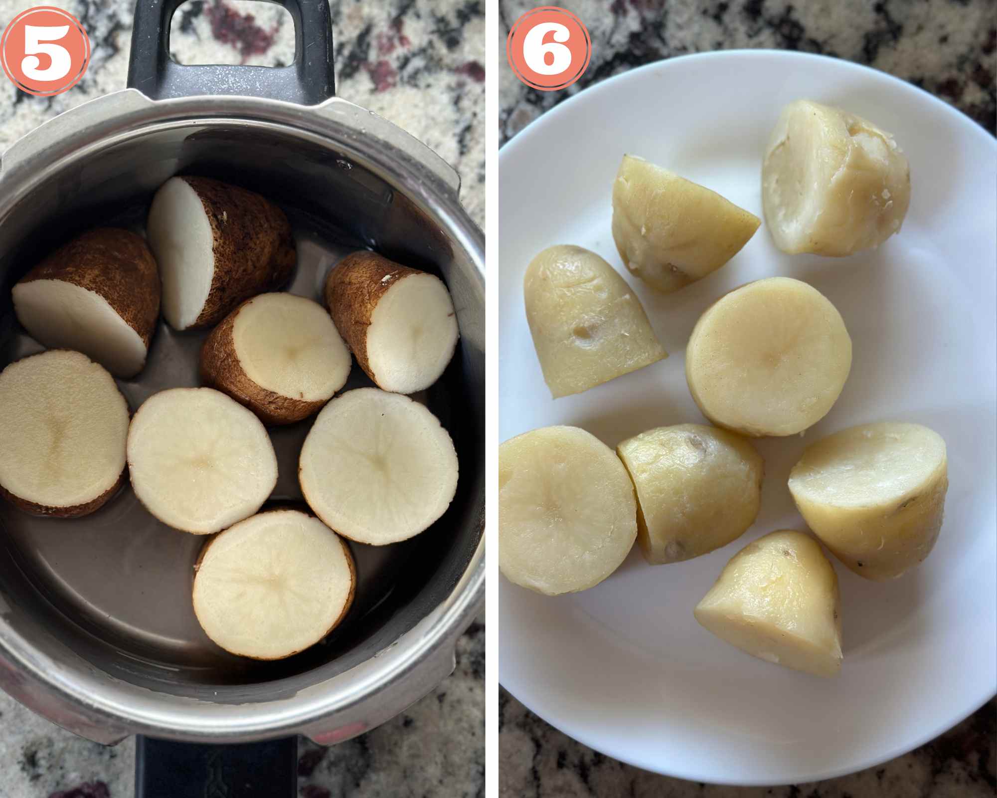 Collage steps to make Sabudana Vada; pressure cook potatoes, peel and mash them. 