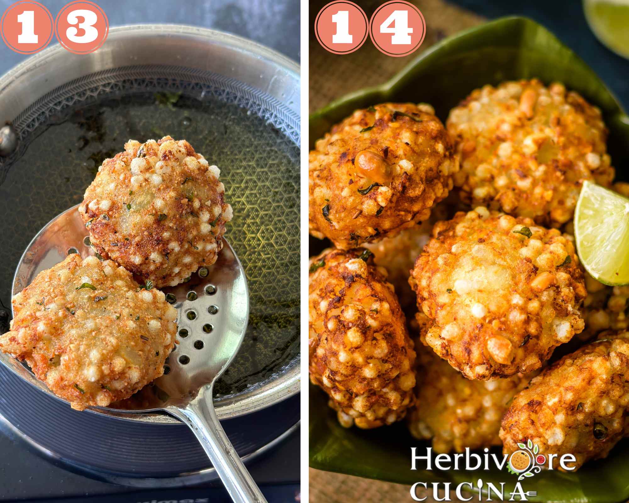 Collage steps to make Sabudana Vada; fry till golden brown and remove; serve as desired. 