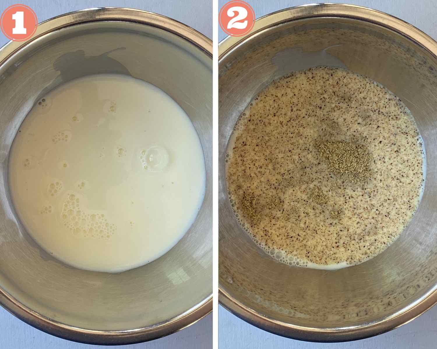 Collage steps to make Thandai Ice cream; mix thandai masala and milk in a bowl. 
