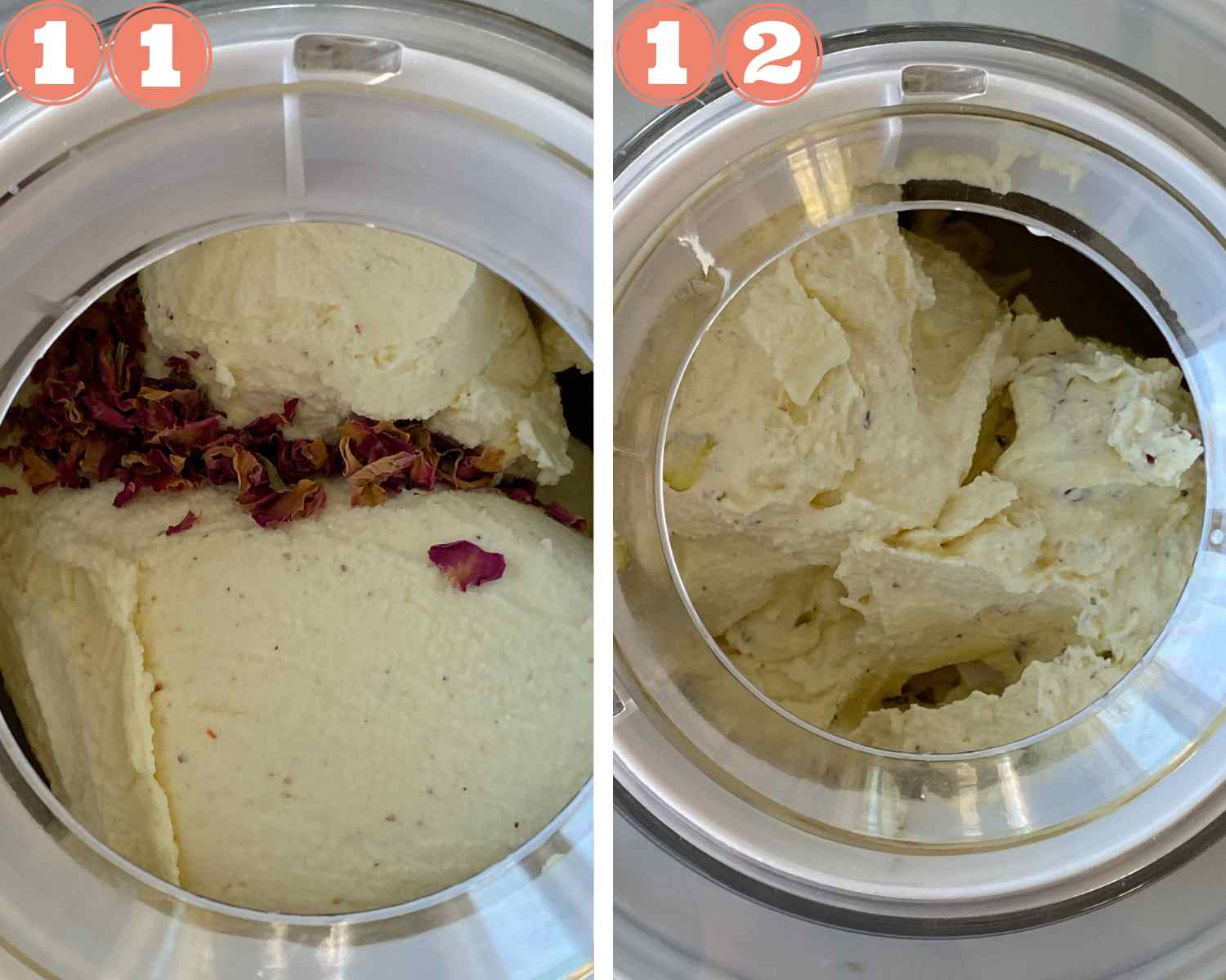 Collage steps to make Thandai Ice cream; add rose petals and churn again. 