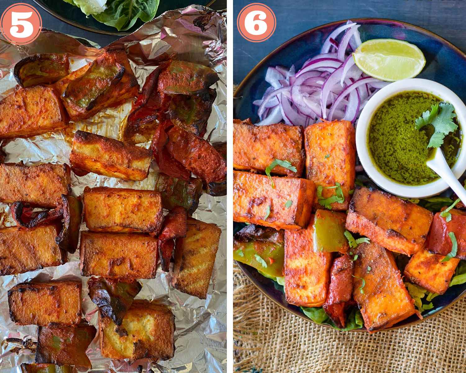 Collage steps to make Vegan Tofu Tikka; grill for 7-10 minutes and serve. 