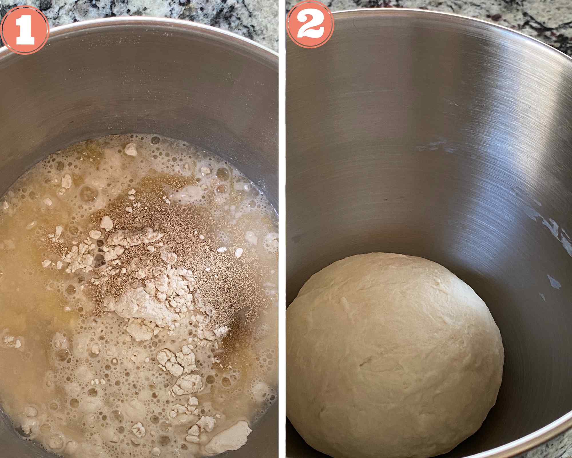 Steps to make Vegetarian Stromboli; Making the dough using flour, water, yeast and butter in a stand mixer. 