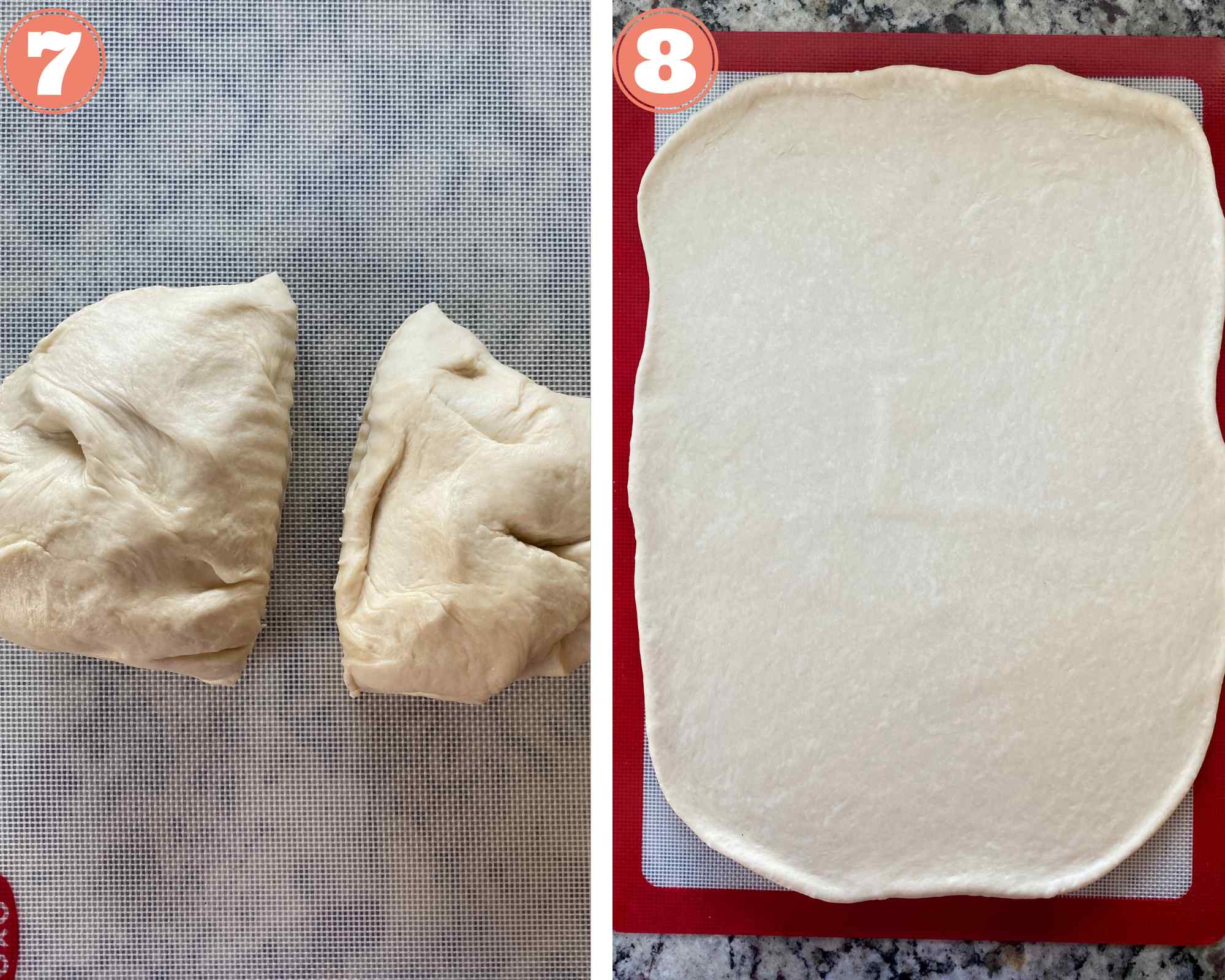 Steps to make Vegetarian Stromboli; dividing the dough into half and rolling it into a thin rectangle. 