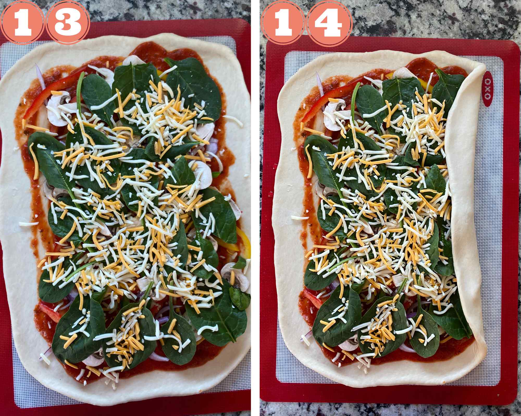 Steps to make Vegetarian Stromboli; layering the cheese and rolling from the longer side into a tight roll. 