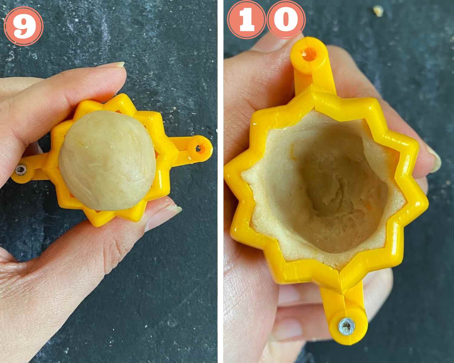 Collage steps for Air Fried Modak; add a dough ball to the mold and spread it through. 