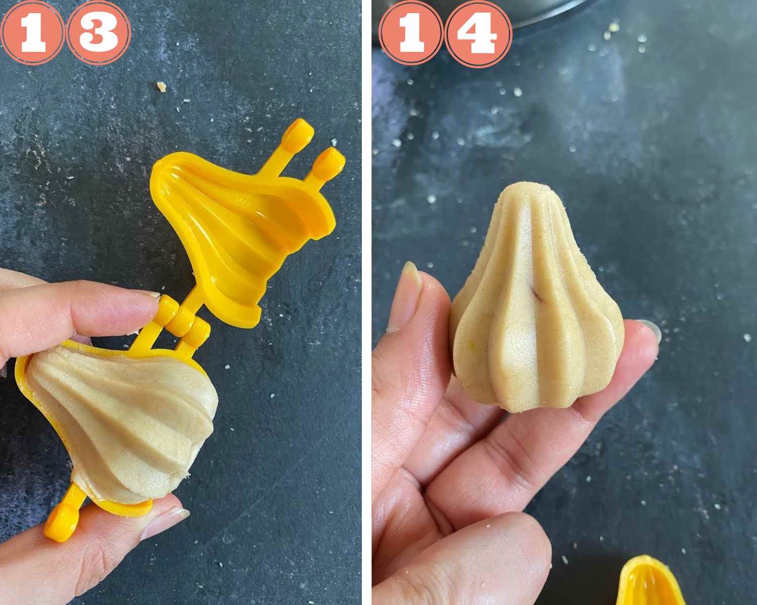 Collage steps for Air Fried Modak; remove from mold and set aside. 