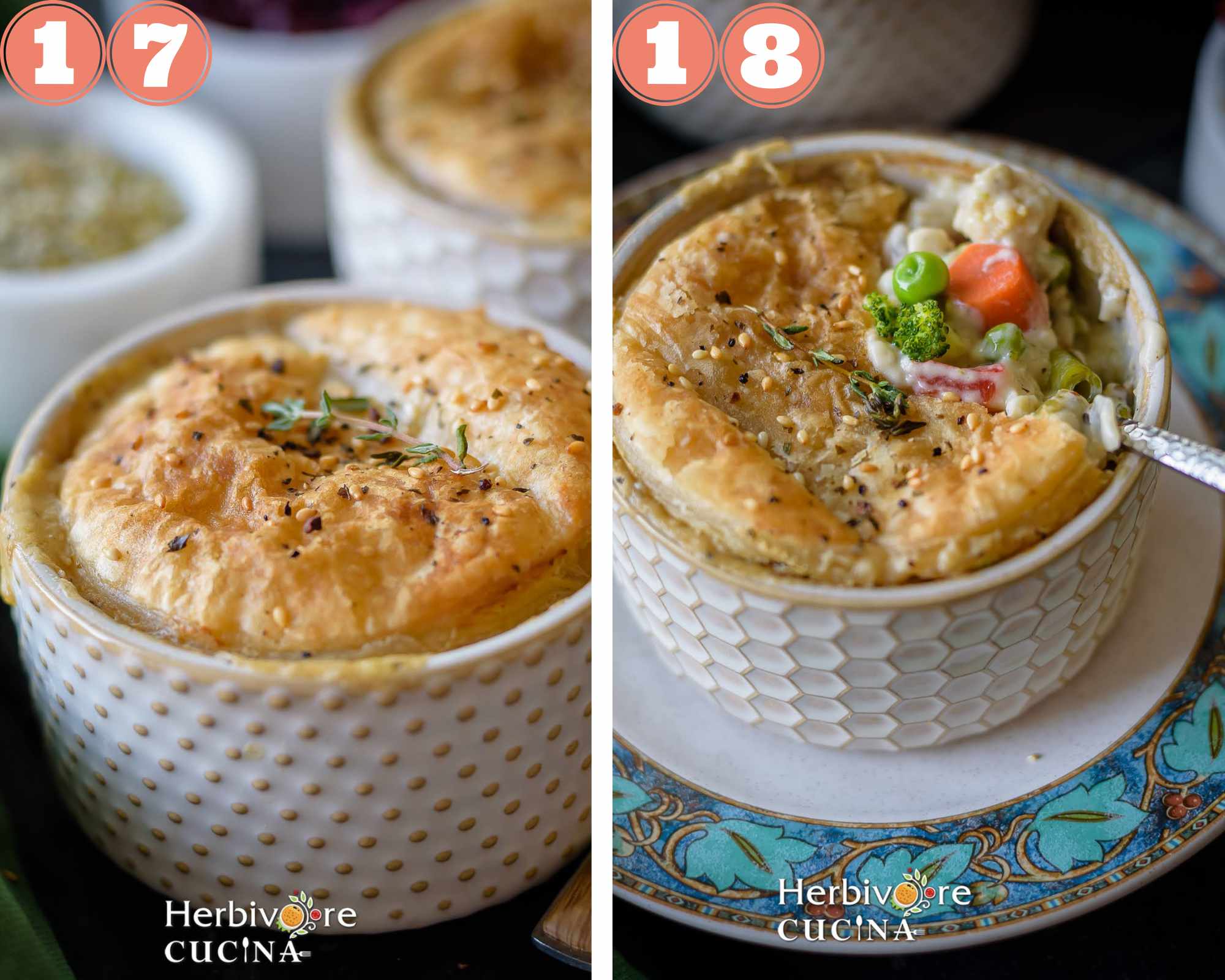 Collage steps to make Air Fryer Pot Pie; remove from air fryer and serve. 
