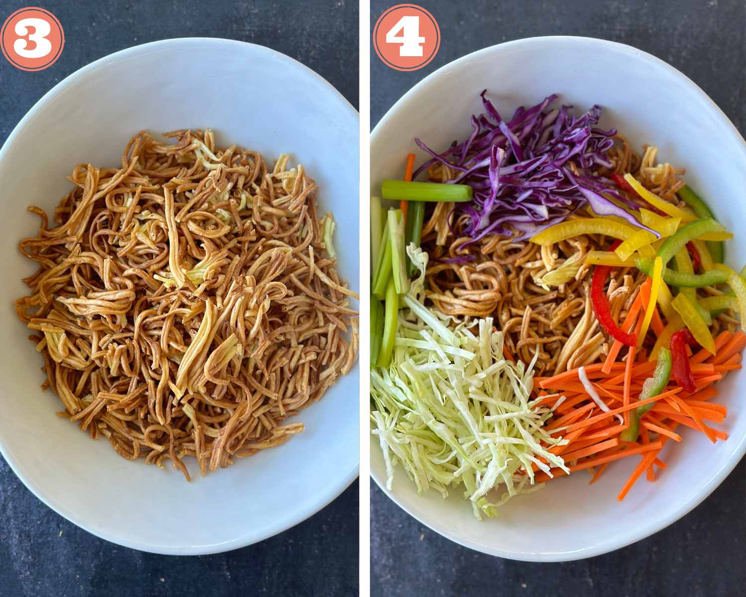Collage steps to make Chinese Bhel; add air fried noodles and vegetables to a large bowl. 