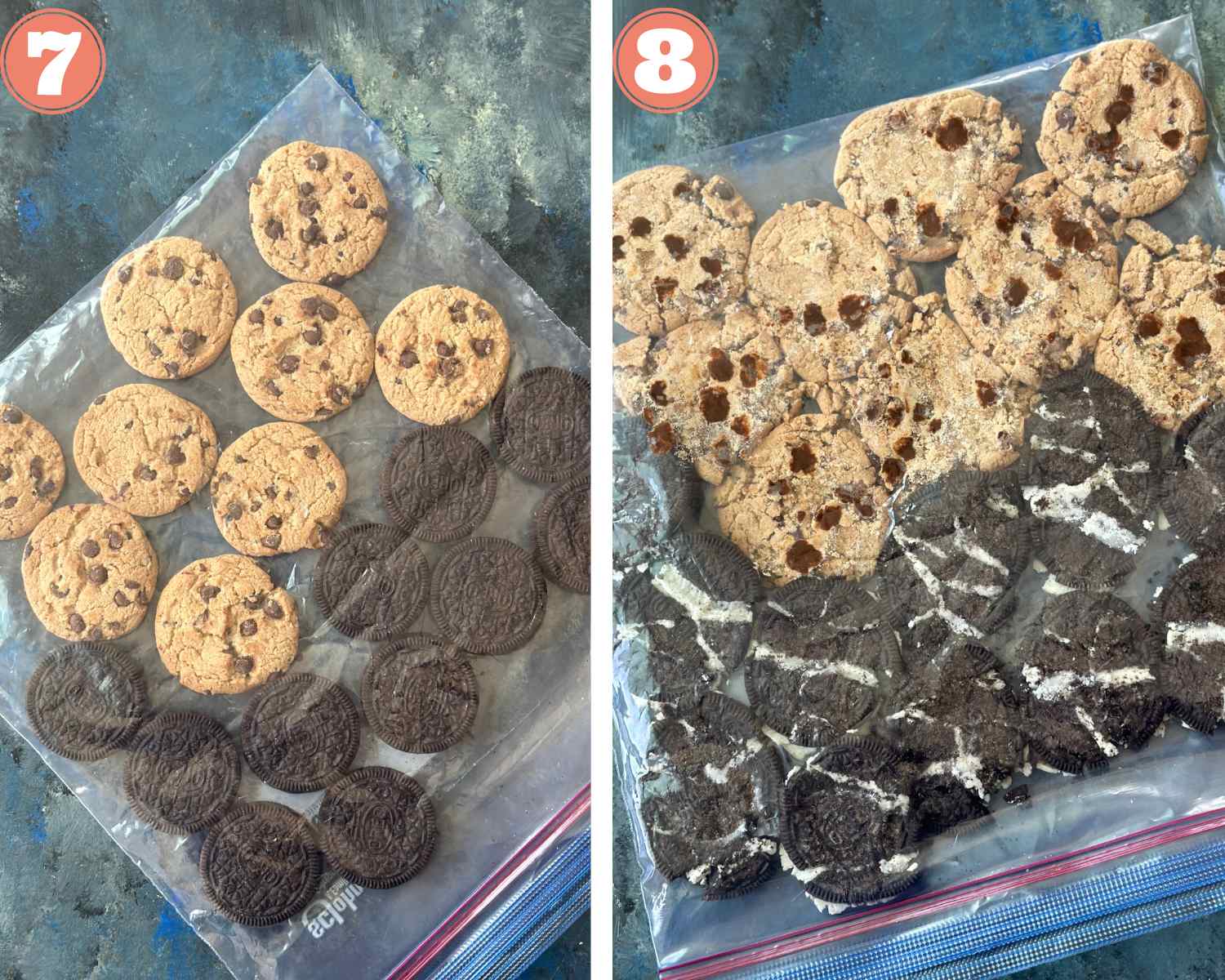 Collage steps to make Cookie monster ice cream; crush the cookies in a ziploc and set aside. 