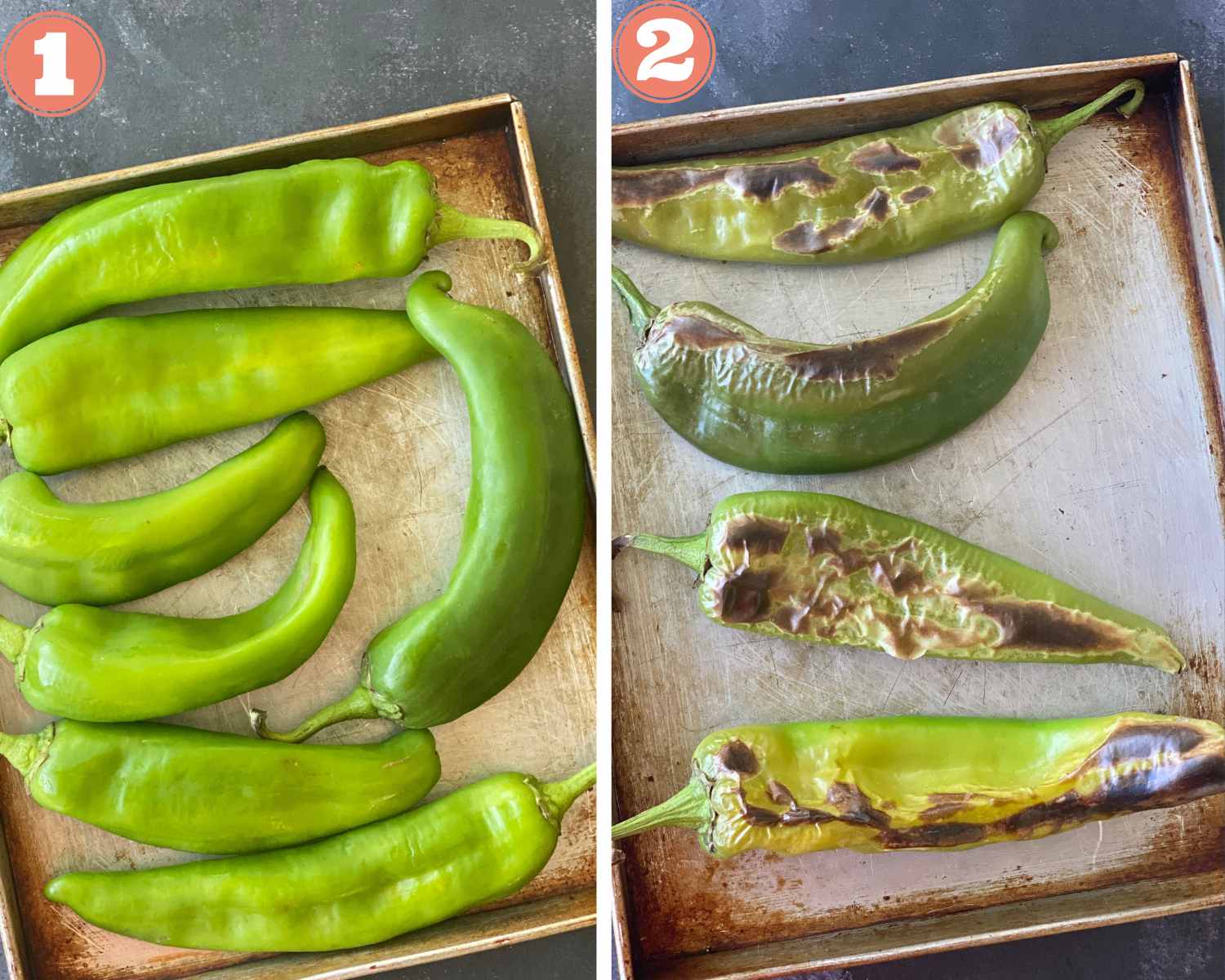 Collage steps to make Hatch Chile Hummus; broil the peppers and set aside. 