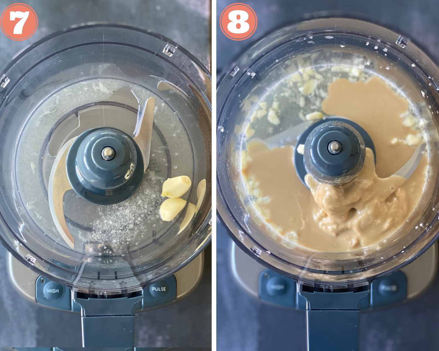 Collage steps to make Hatch Chile Hummus; add garlic, salt and olive oil to a food processor and then add tahini. 