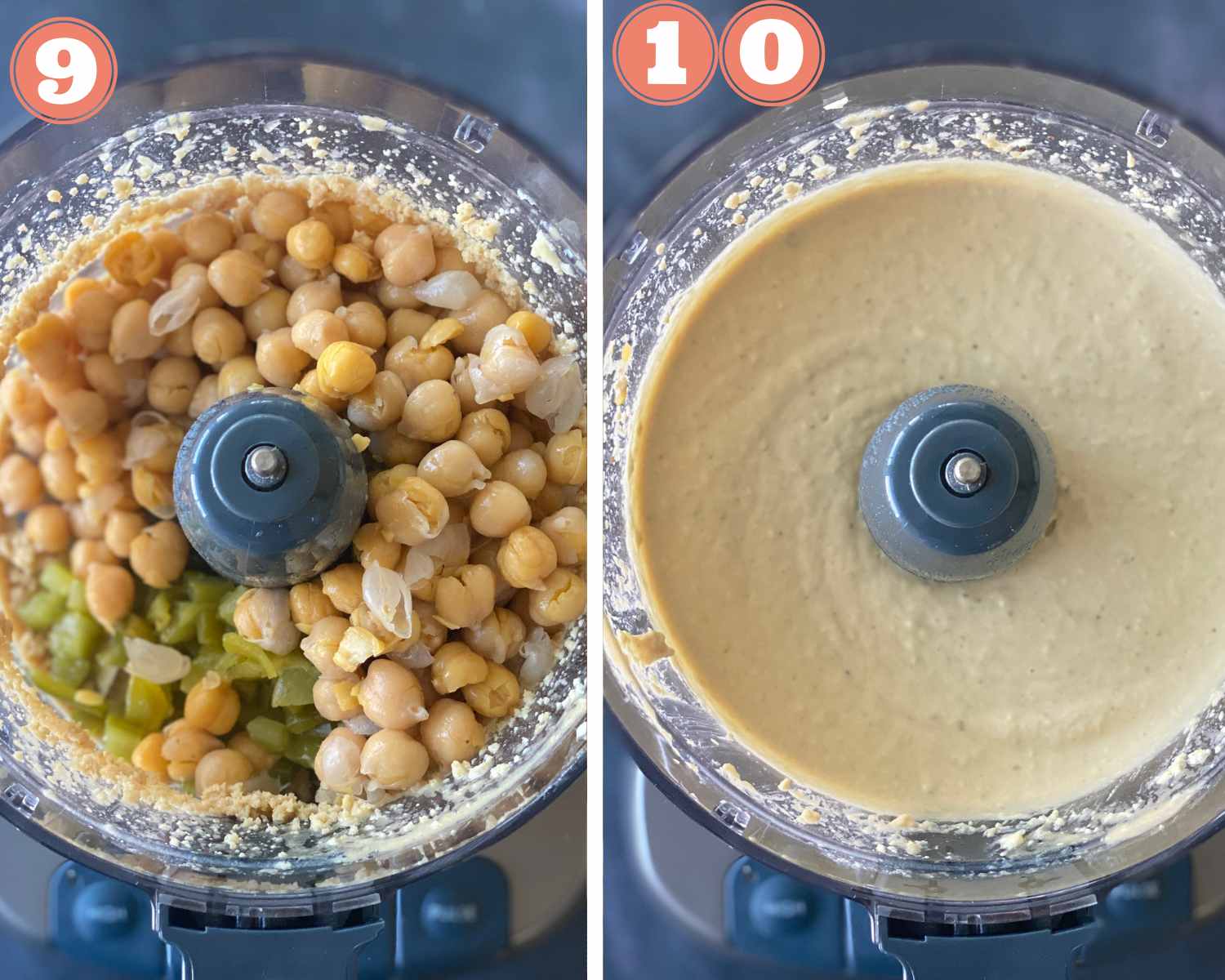 Collage steps to make Hatch Chile Hummus; add garbanzo beans and chile; process till smooth. 