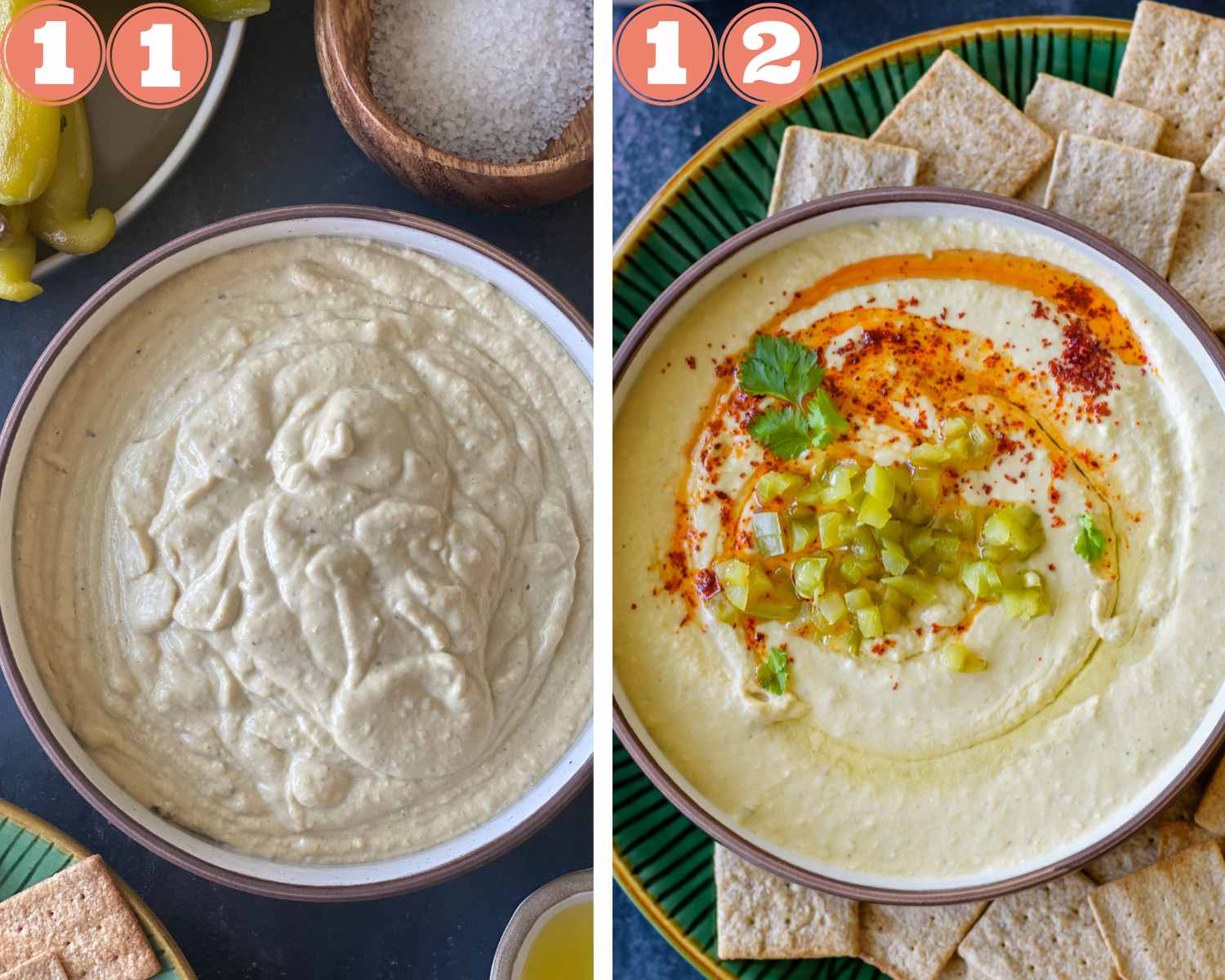 Collage steps to make Hatch Chile Hummus; transfer and top before serving. 