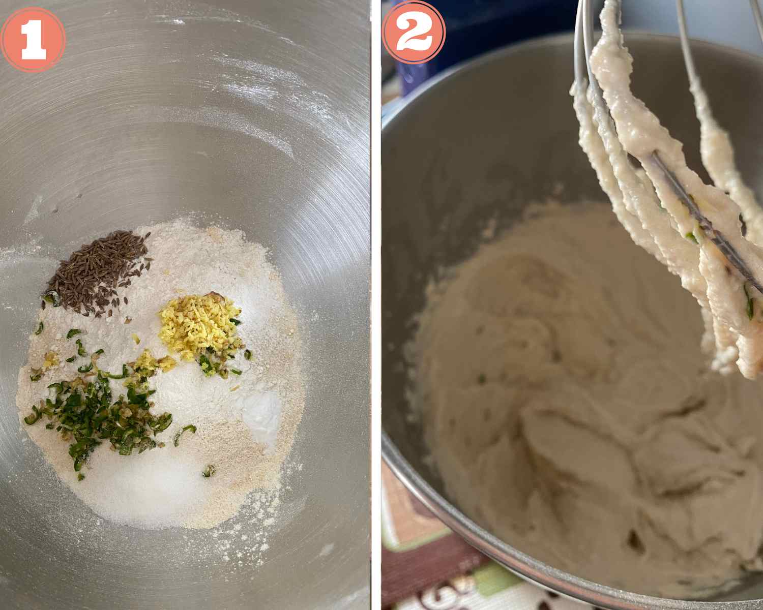 Collage steps to make Instant dahi Vada; prepare the batter with urad dal flour in a stand mixer. 