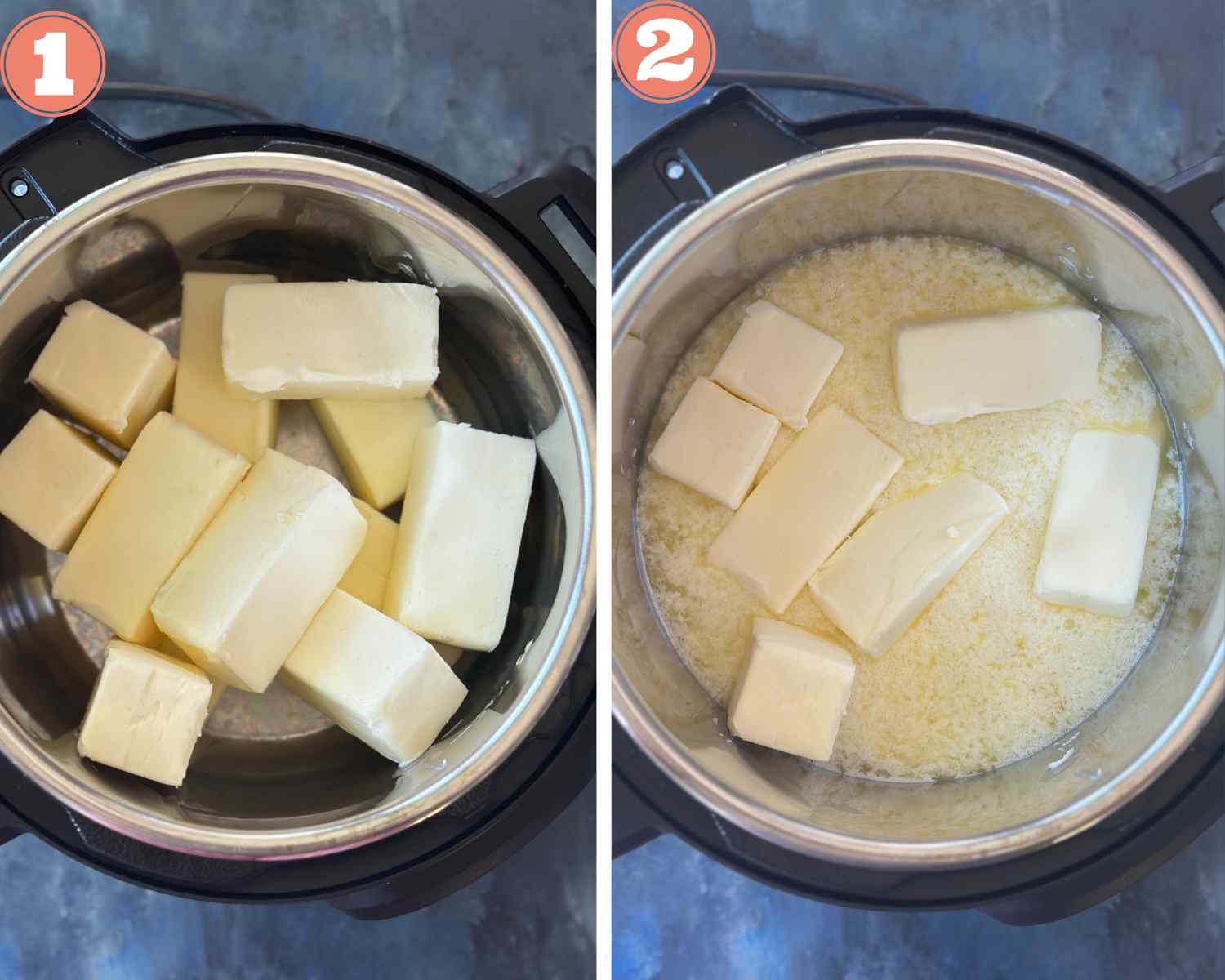 Collage steps to make Instant pot Ghee; add butter to an instant pot and start boiling it. 