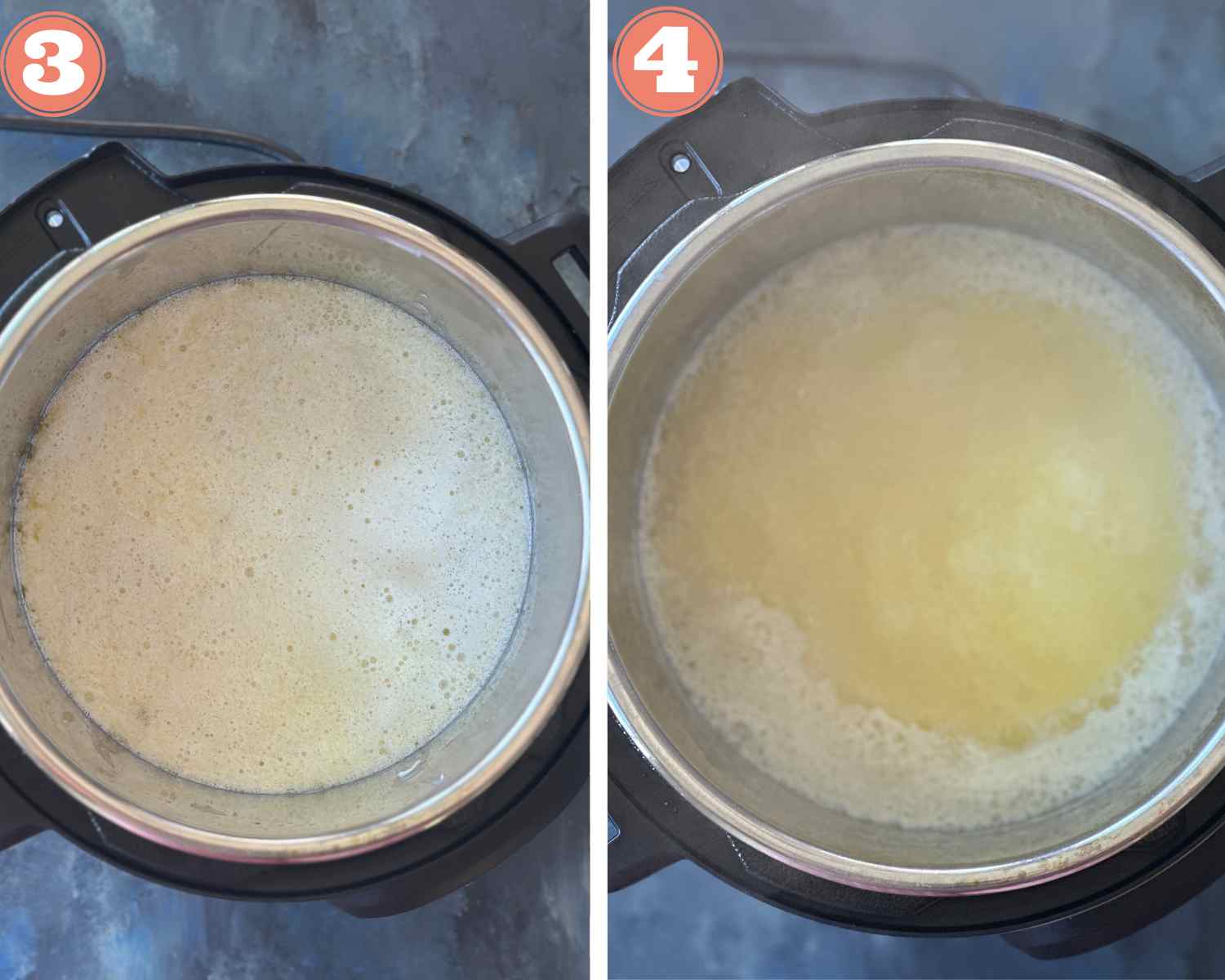 Collage steps to make Instant pot Ghee; melt the butter and start to boil it. 