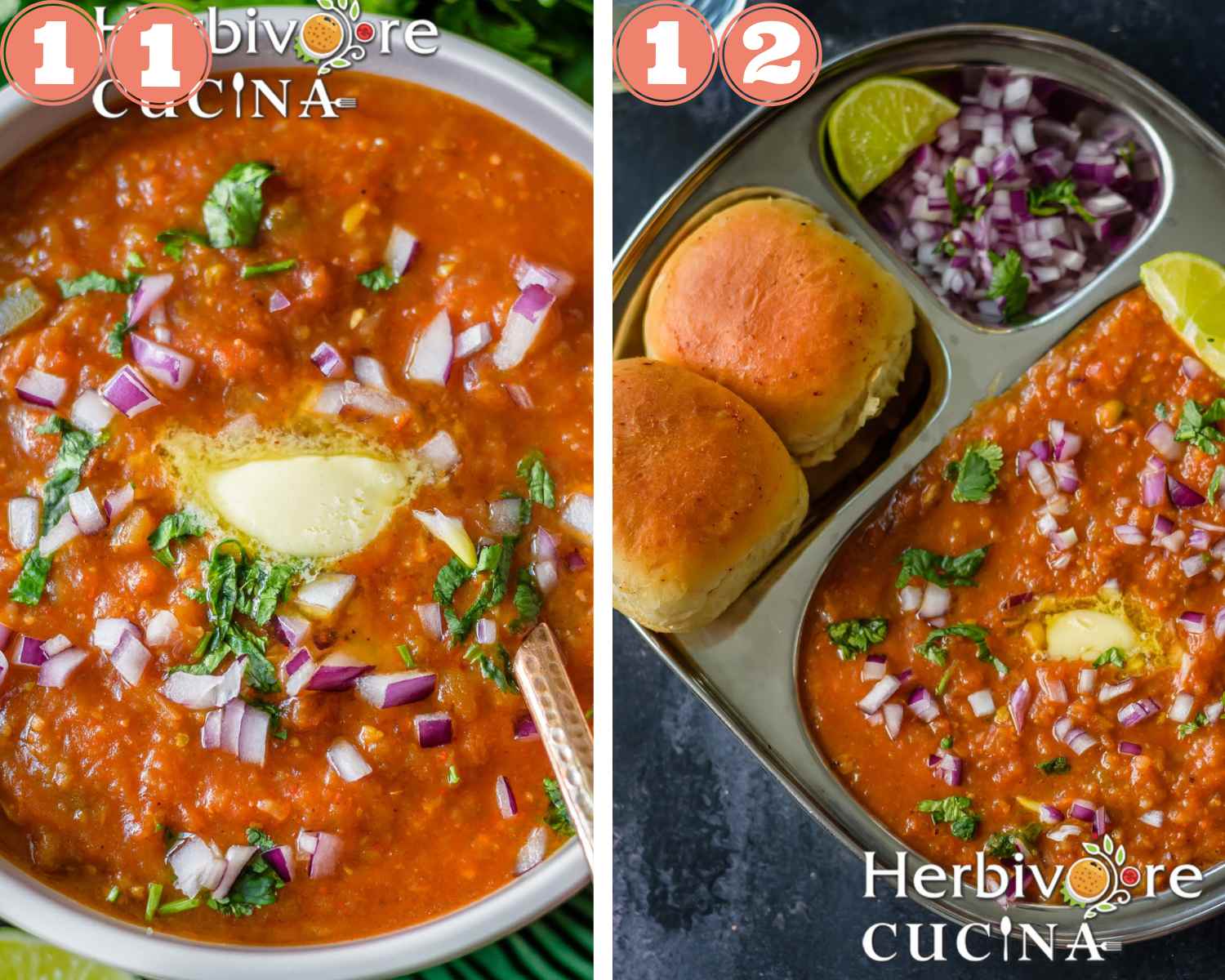 Collage steps to make Instant Pot Pav Bhaji; remove in a bowl and serve with pav and onions. 