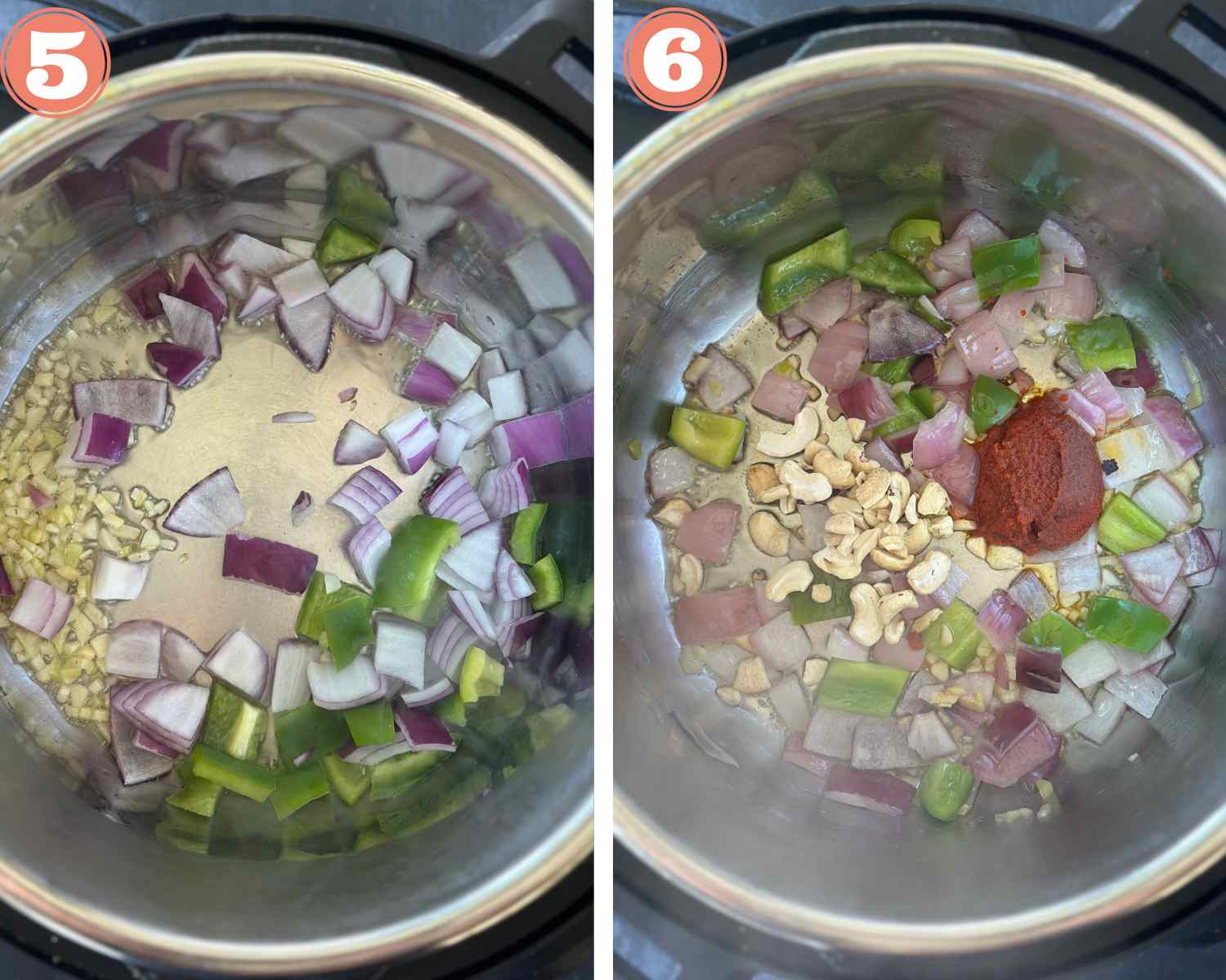 Collage steps for Instant Pot Peanut Tofu and Rice; add onions, peppers, thai curry and cashews and mix well. 