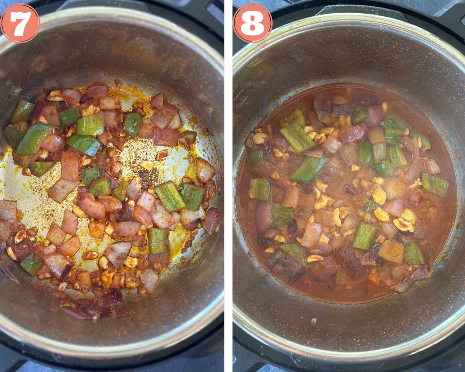 Collage steps for Instant Pot Peanut Tofu and Rice; add water and deglaze the ingredients. 