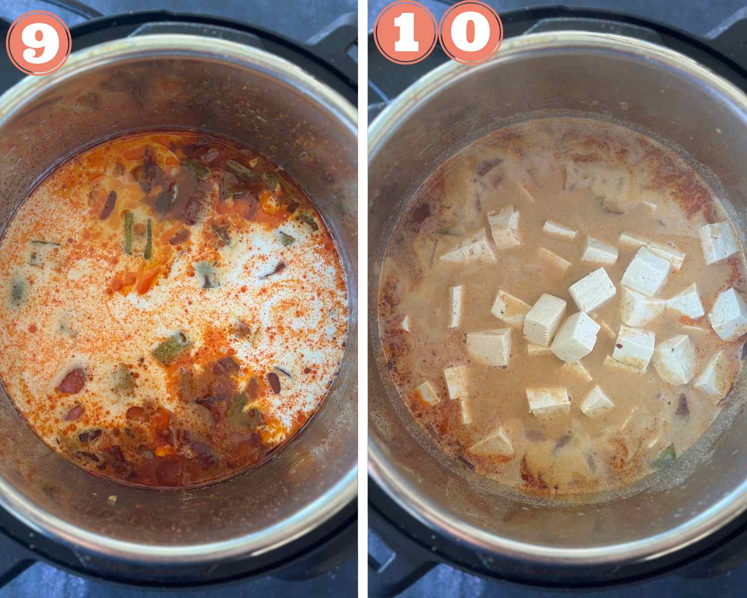 Collage steps for Instant Pot Peanut Tofu and Rice; add coconut milk and then tofu. 