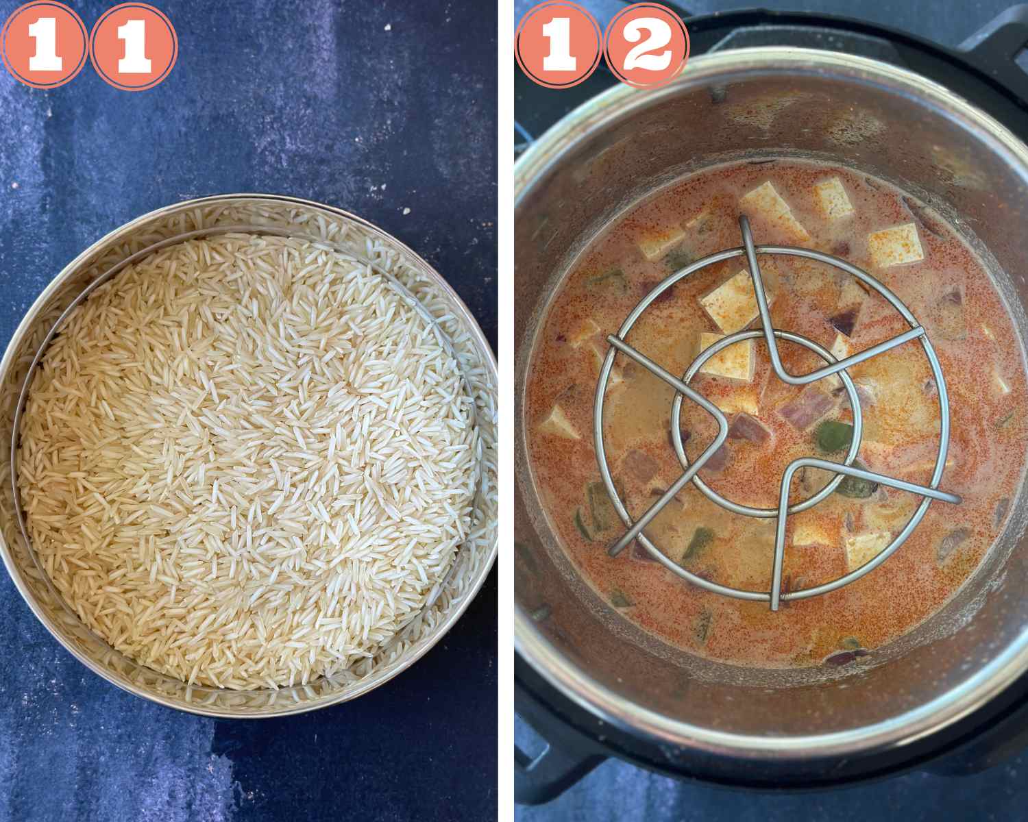 Collage steps for Instant Pot Peanut Tofu and Rice; wash and drain rice; add trivet to instant pot. 